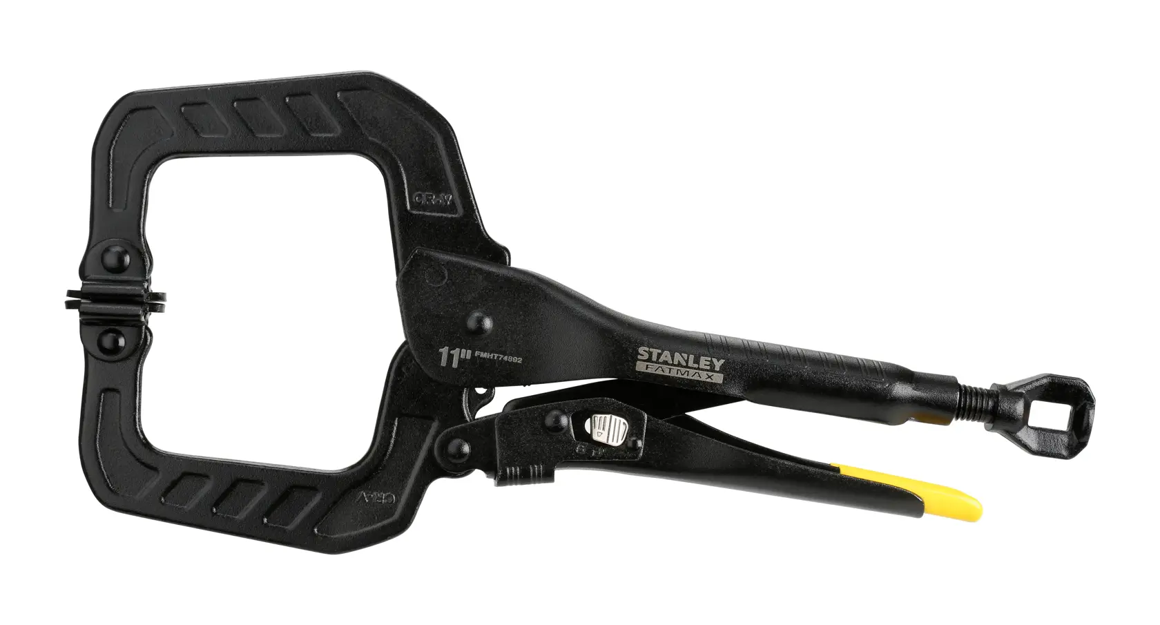 STANLEY FMHT0-74892 black locking C clamp with ergonomic handle for secure grip and precision adjustments.
