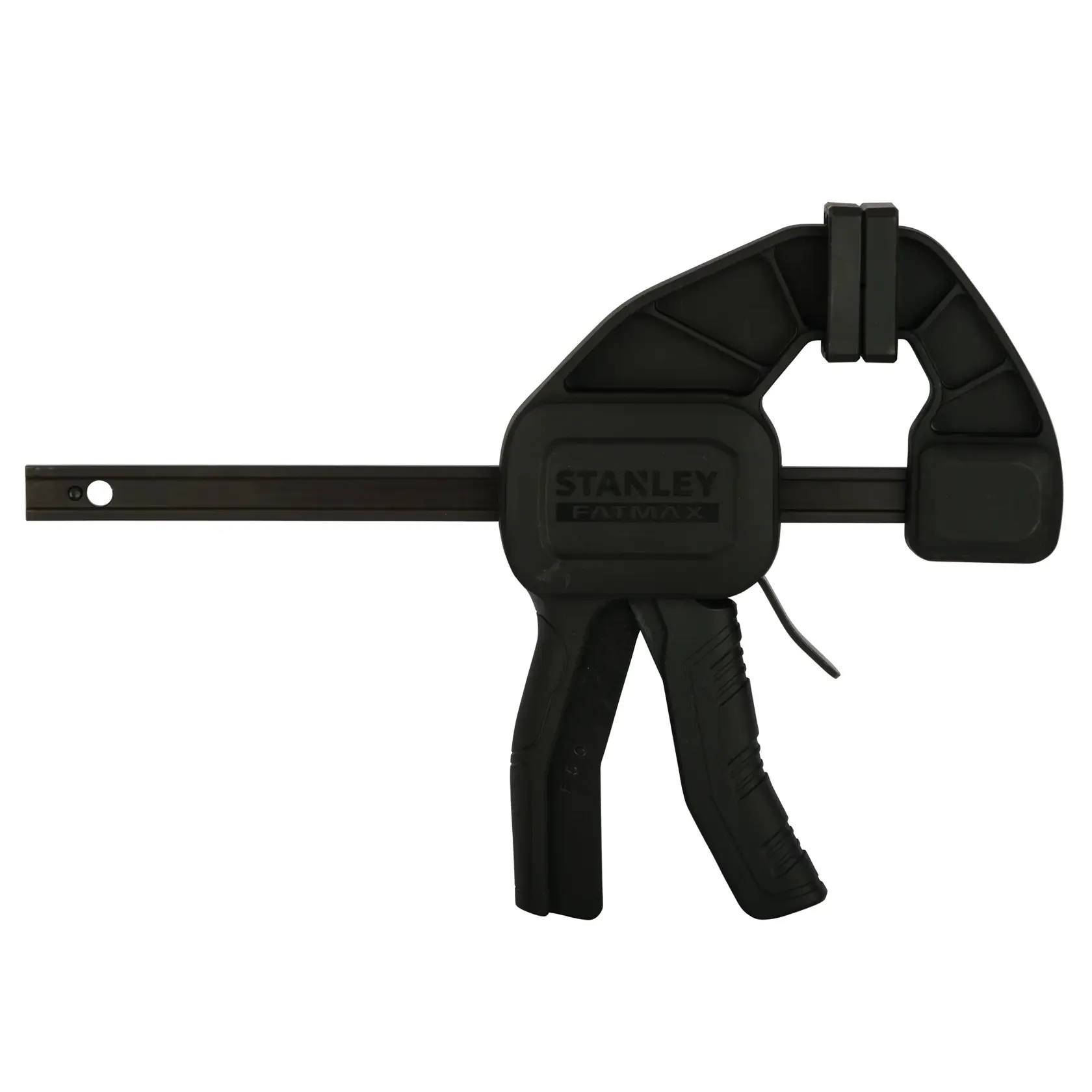 Stanley Fatmax quick grip clamp, black, with trigger handle, used for securing materials during photography work.