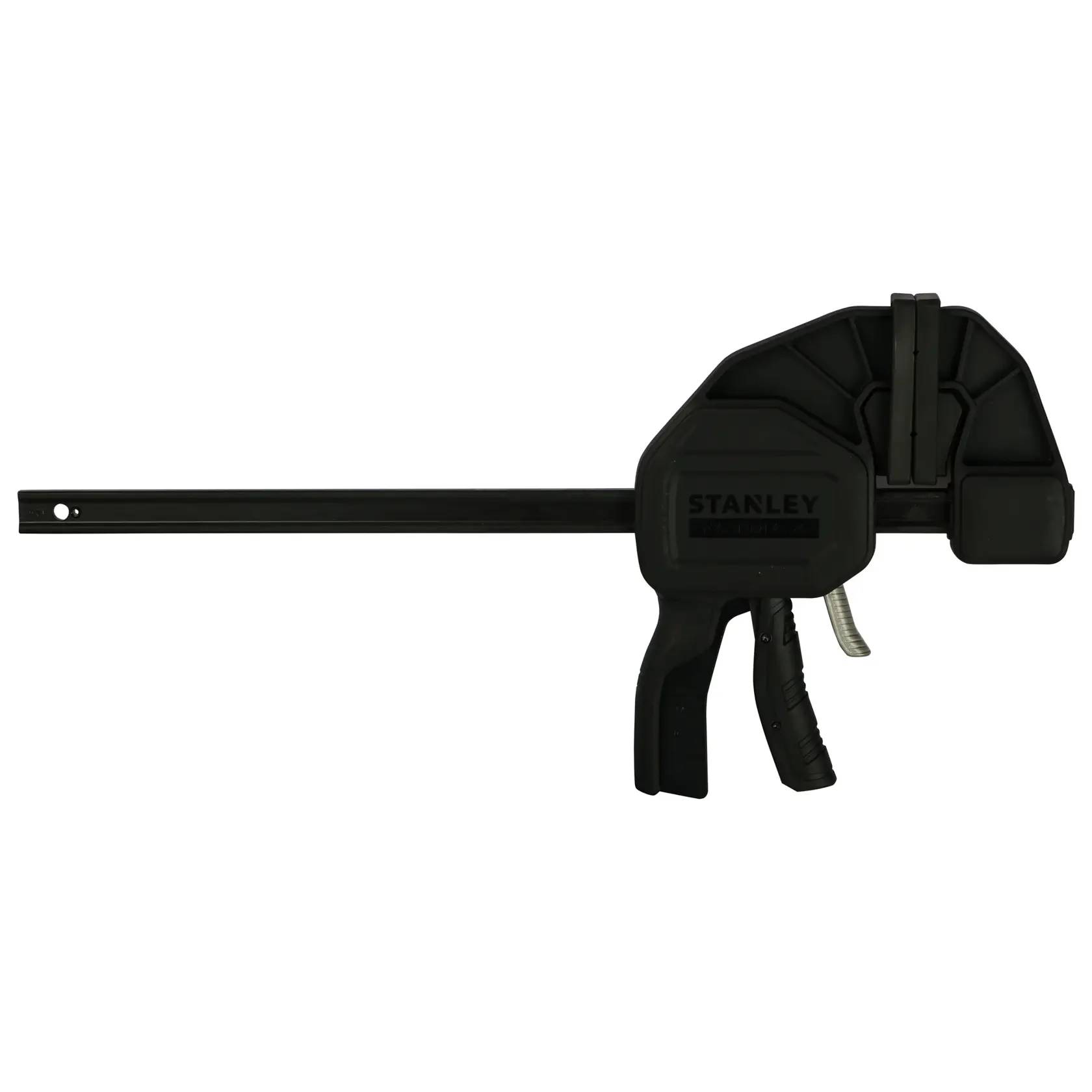 Stanley trigger clamp, black, suitable for woodworking and photography setups.