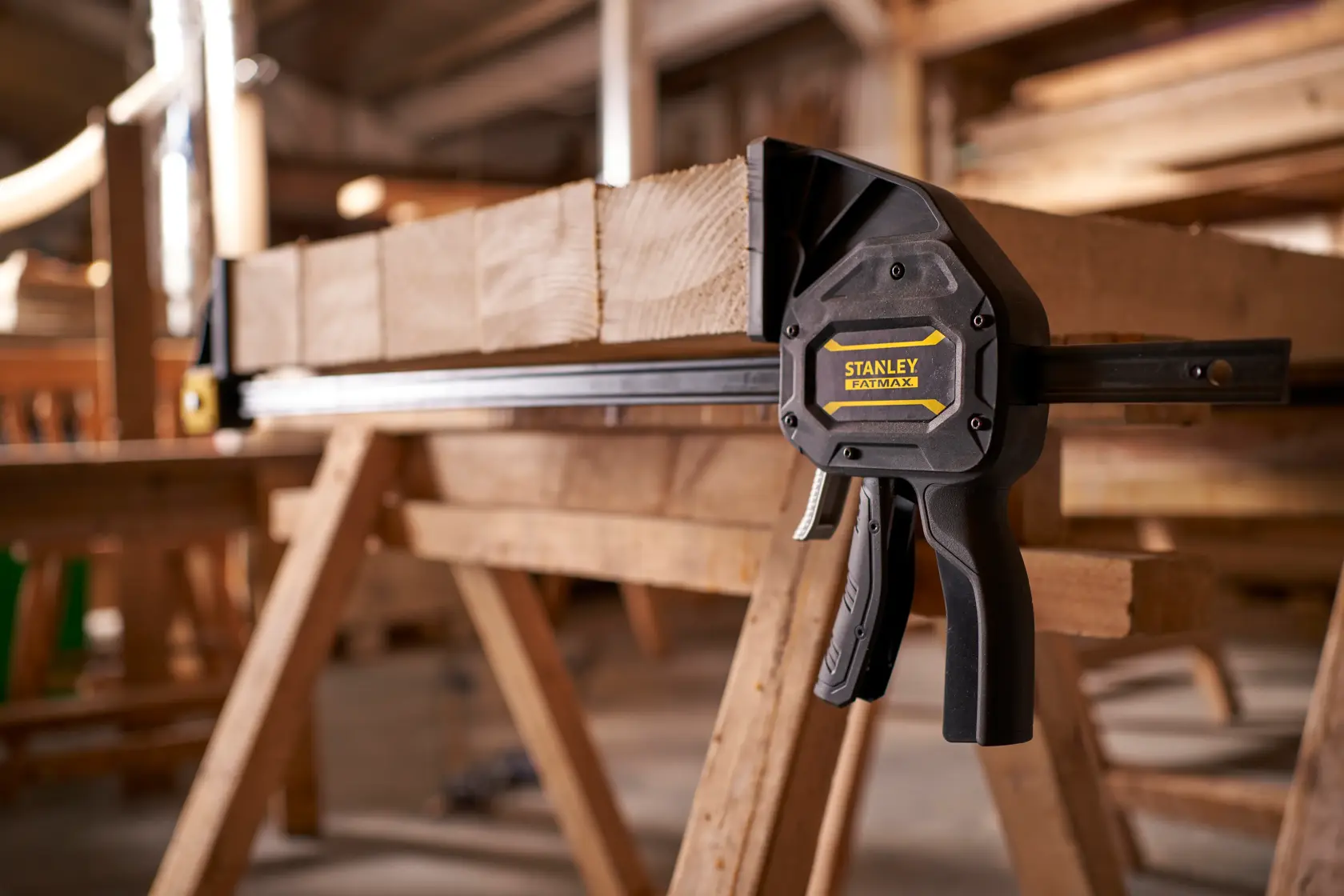 STANLEY FMHT0-83240 clamp, black and gray, front angle photography on white background.