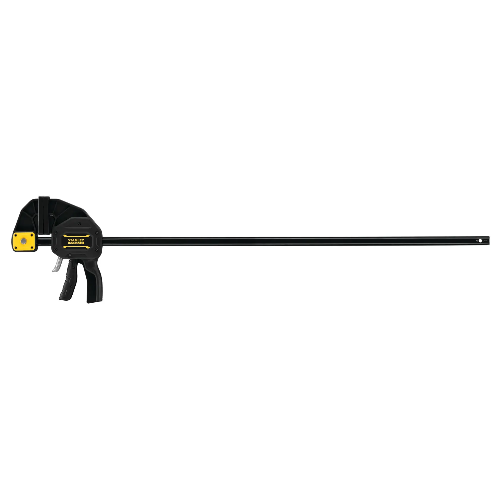 Photo of STANLEY FMHT0-83241 black trigger bar clamp, woodworking tool, side angle on white background.