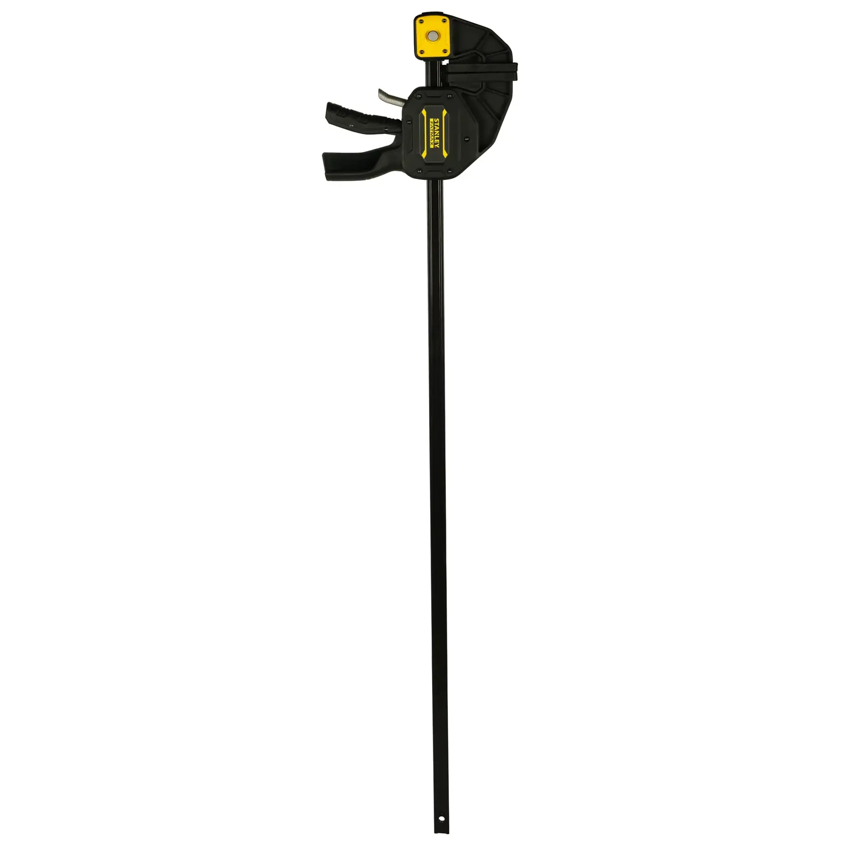 Stanley FMHT0-83241 large black bar clamp for woodworking or photography, with yellow accents.