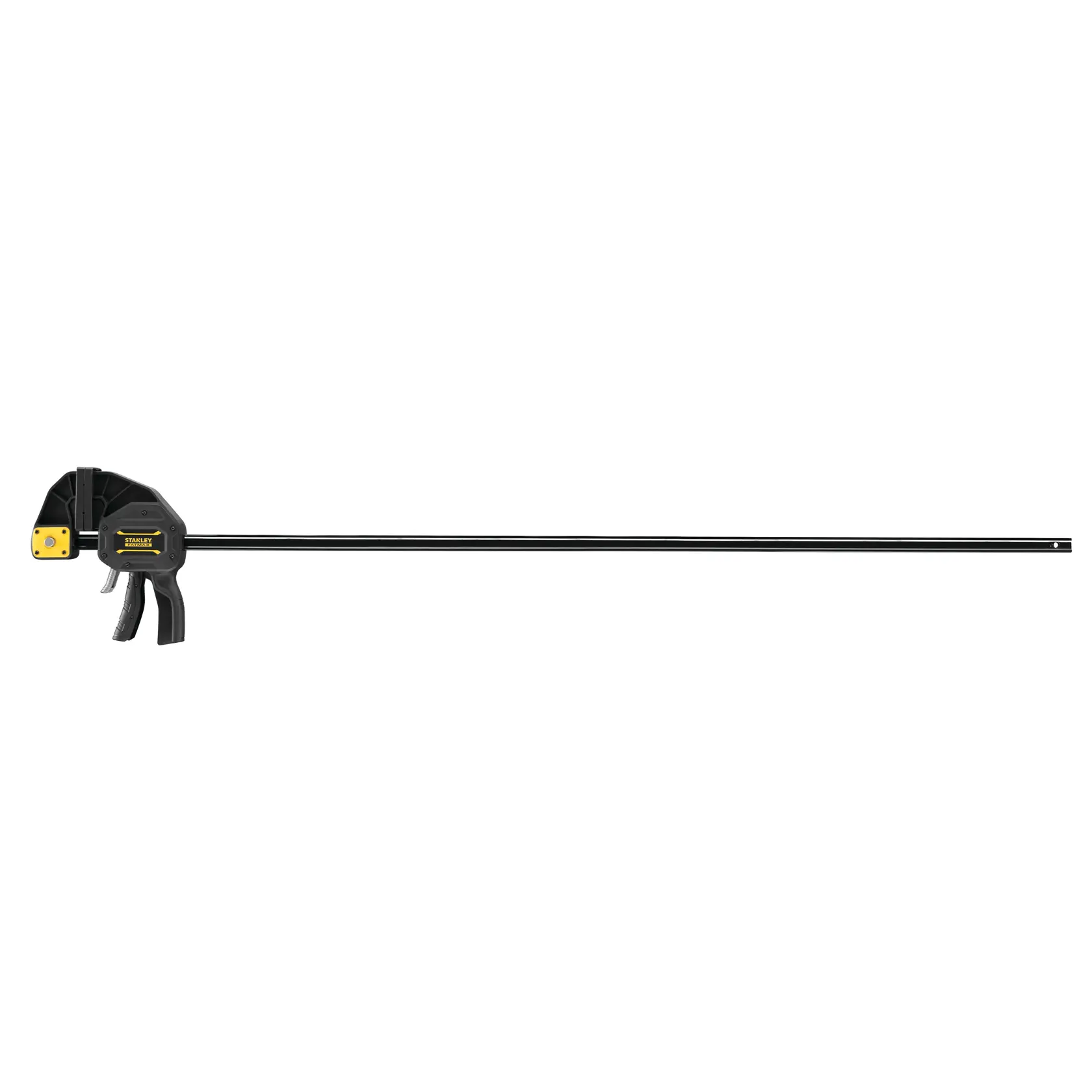 STANLEY FMHT0-83242 bar clamp with trigger handle, black and yellow, side angle, on white background.