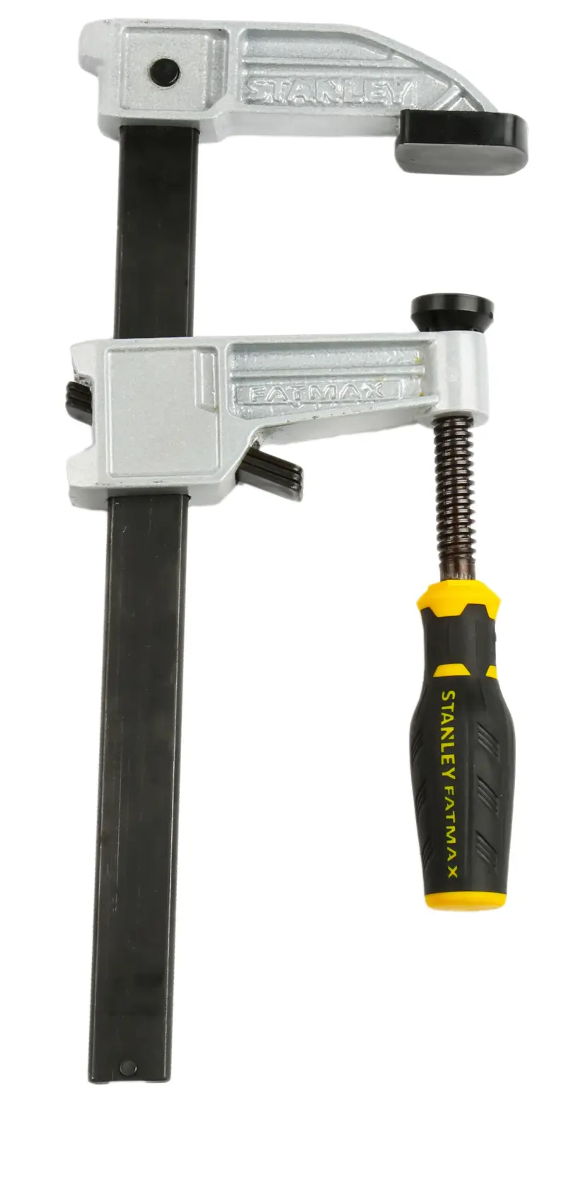 Photo of STANLEY FMHT0-83247 bar clamp with black and yellow ergonomic handle, front view on white background.