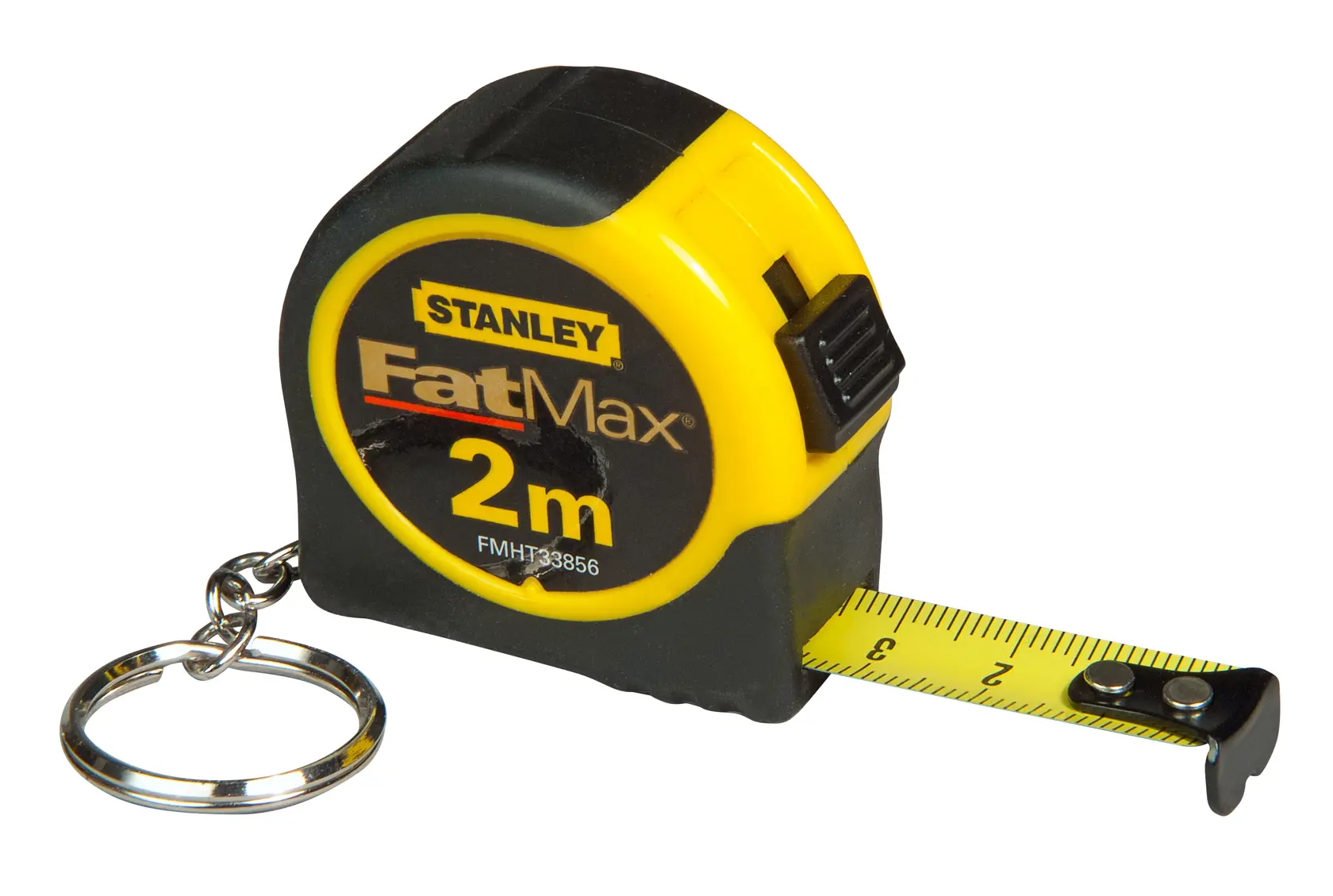 STANLEY FMHT1-33856 compact yellow and black tape measure keychain, 2m length, front angle on white background.
