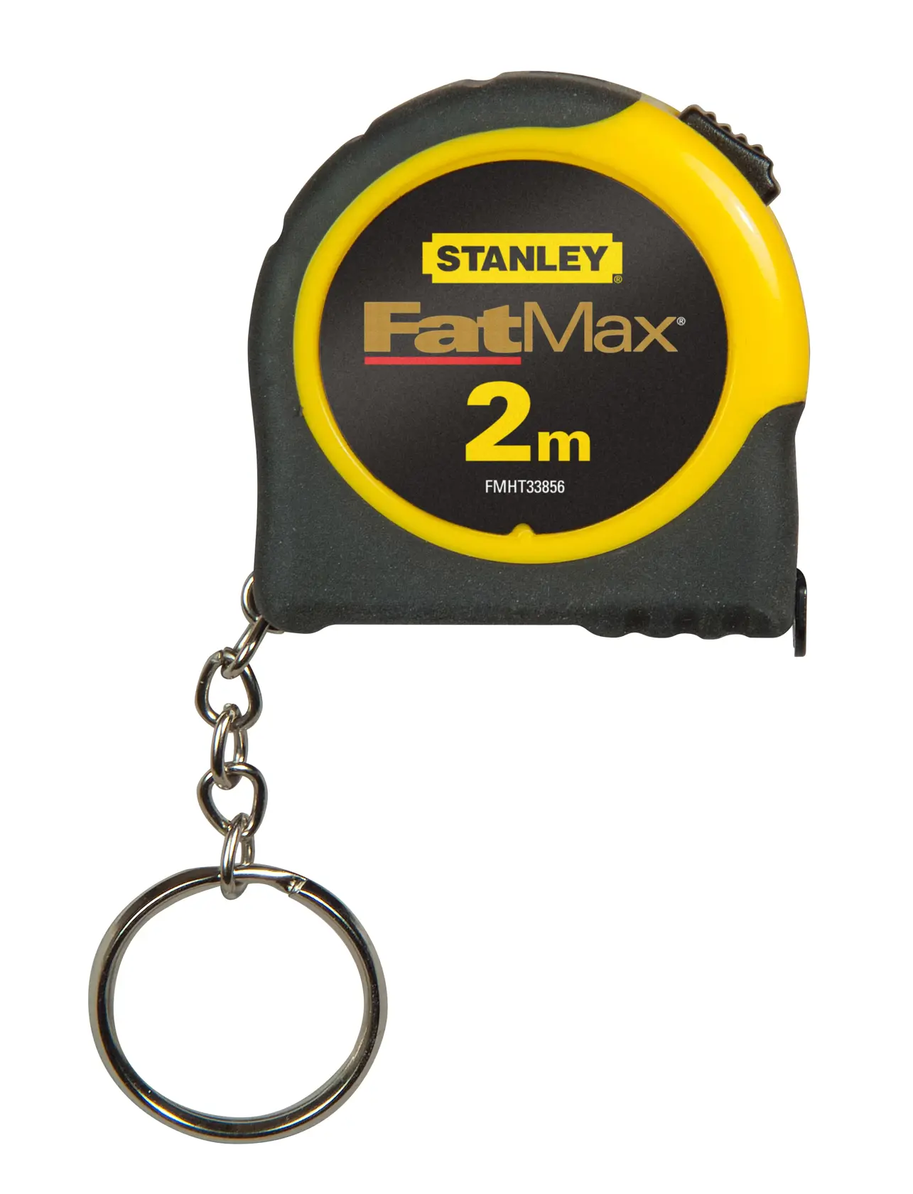 STANLEY FMHT1-33856 FatMax 2m tape measure keychain, black and yellow, front view on white background.