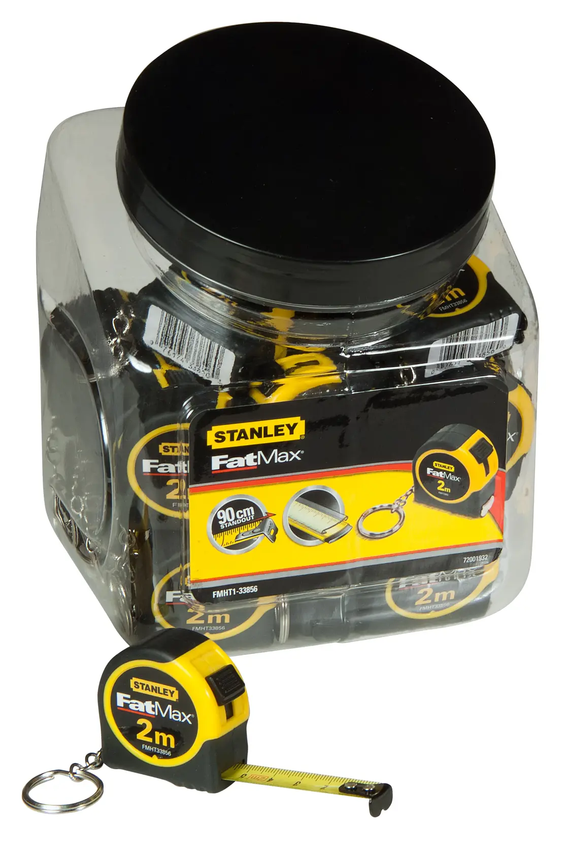 Photo of STANLEY FMHT1-33856 FatMax 2m tape measure jar with multiple yellow and black tape measures.
