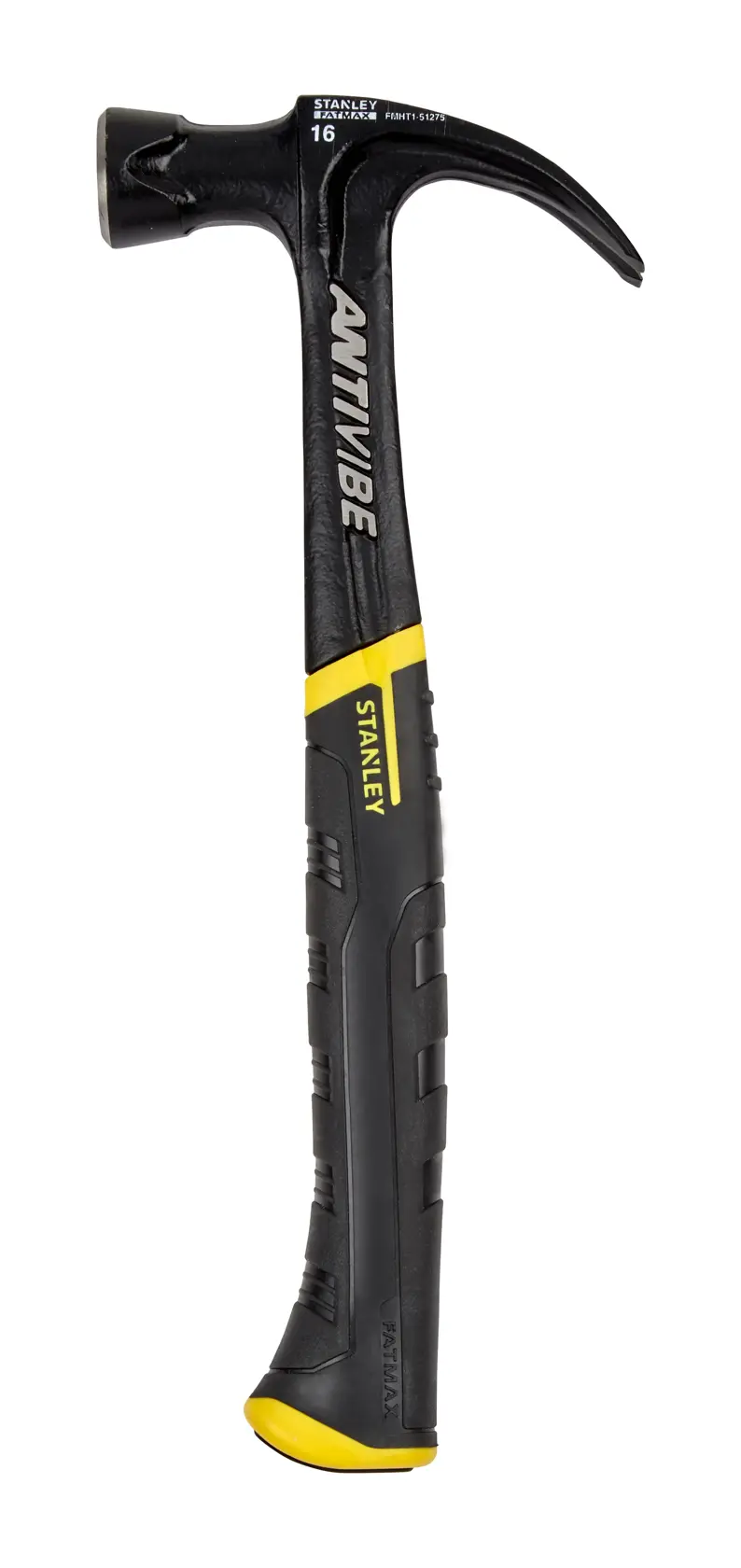 Stanley black and yellow anti-vibration claw hammer with ergonomic handle, shown upright on white background.