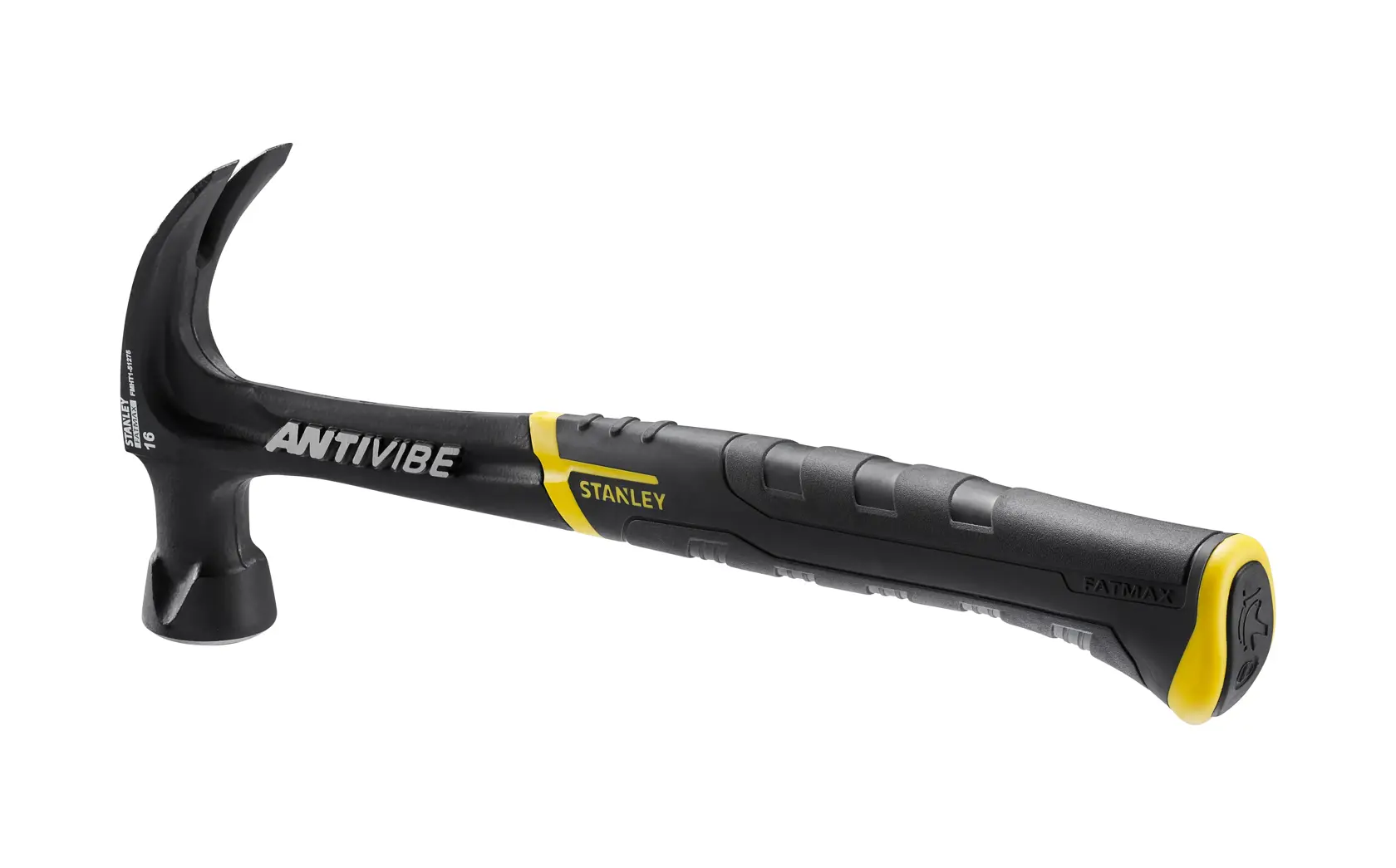 Stanley FMHT1-51275 claw hammer, black and yellow, side view on white background.