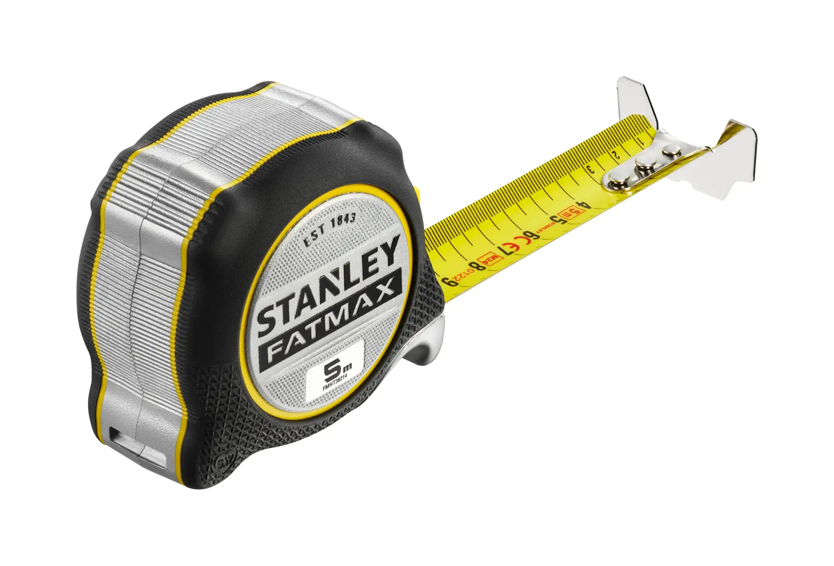 Foto des STANLEY FATMAX Maßbands, SKU FMHT38214-0, Gehäuse schwarz-silber, gelbes Band ausgezogen, schräge Ansicht.