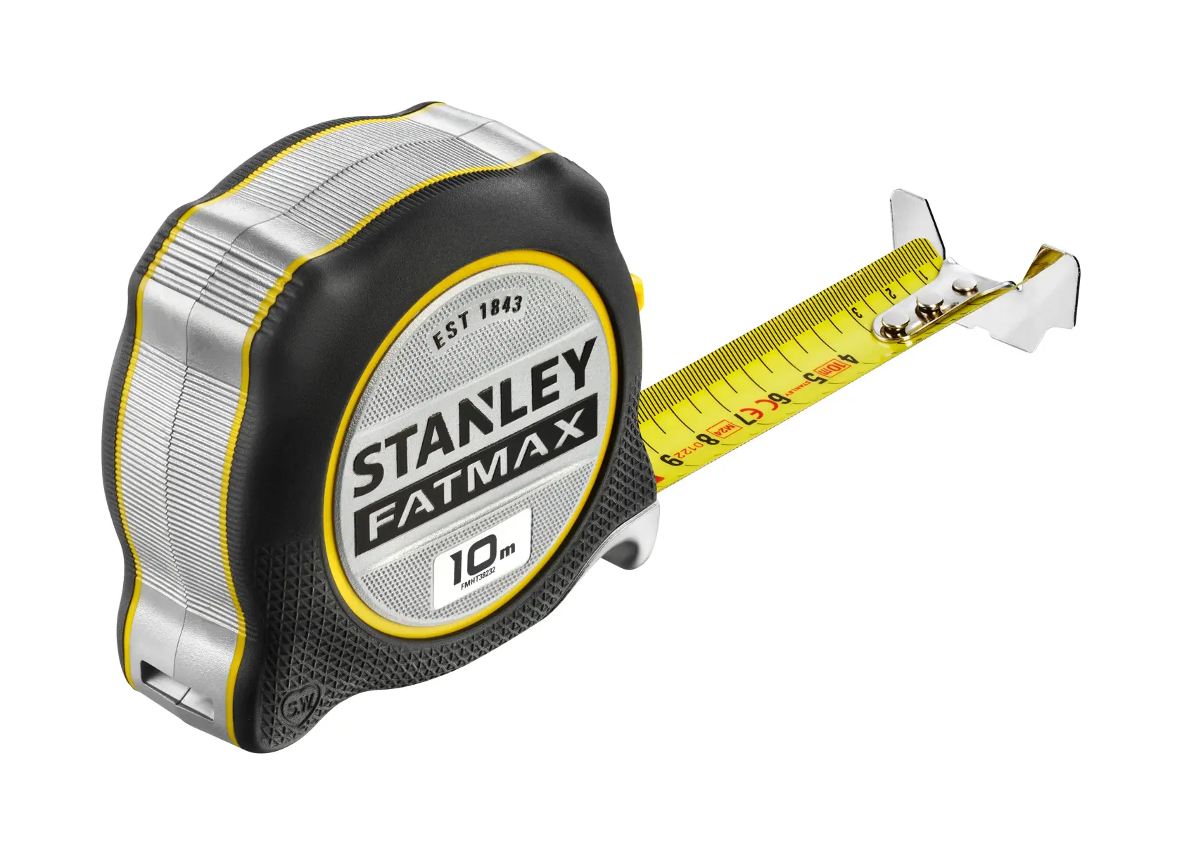 STANLEY FMHT38232-0 tape measure, 10m, yellow tape, black and silver casing, side angle photo.