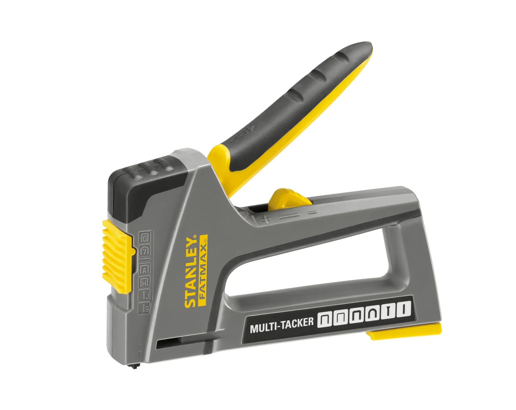Photo of STANLEY FMHT6-70868 multi-tacker stapler in gray and yellow, angled on white background.