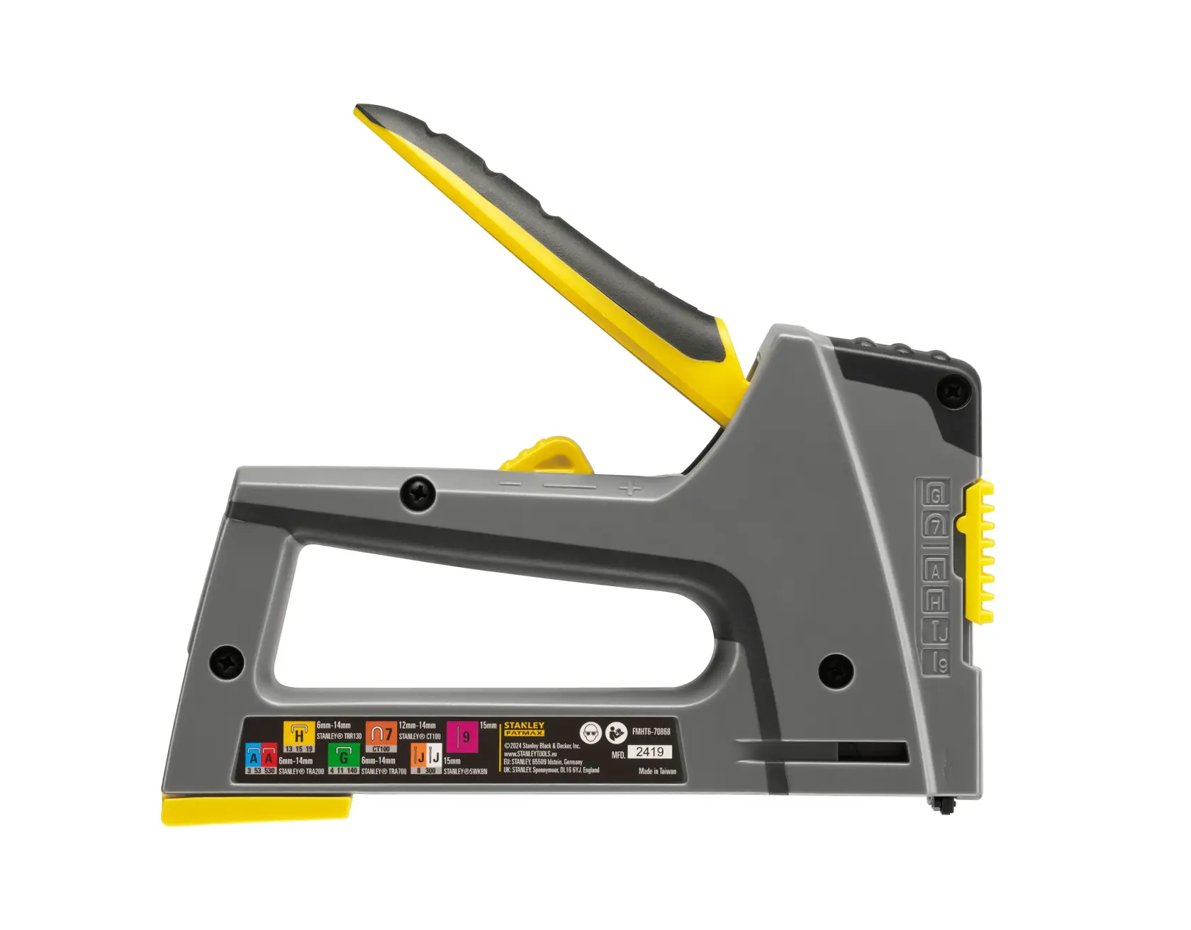 STANLEY FMHT6-70868 manual staple gun, gray and yellow, product side angle on white background.
