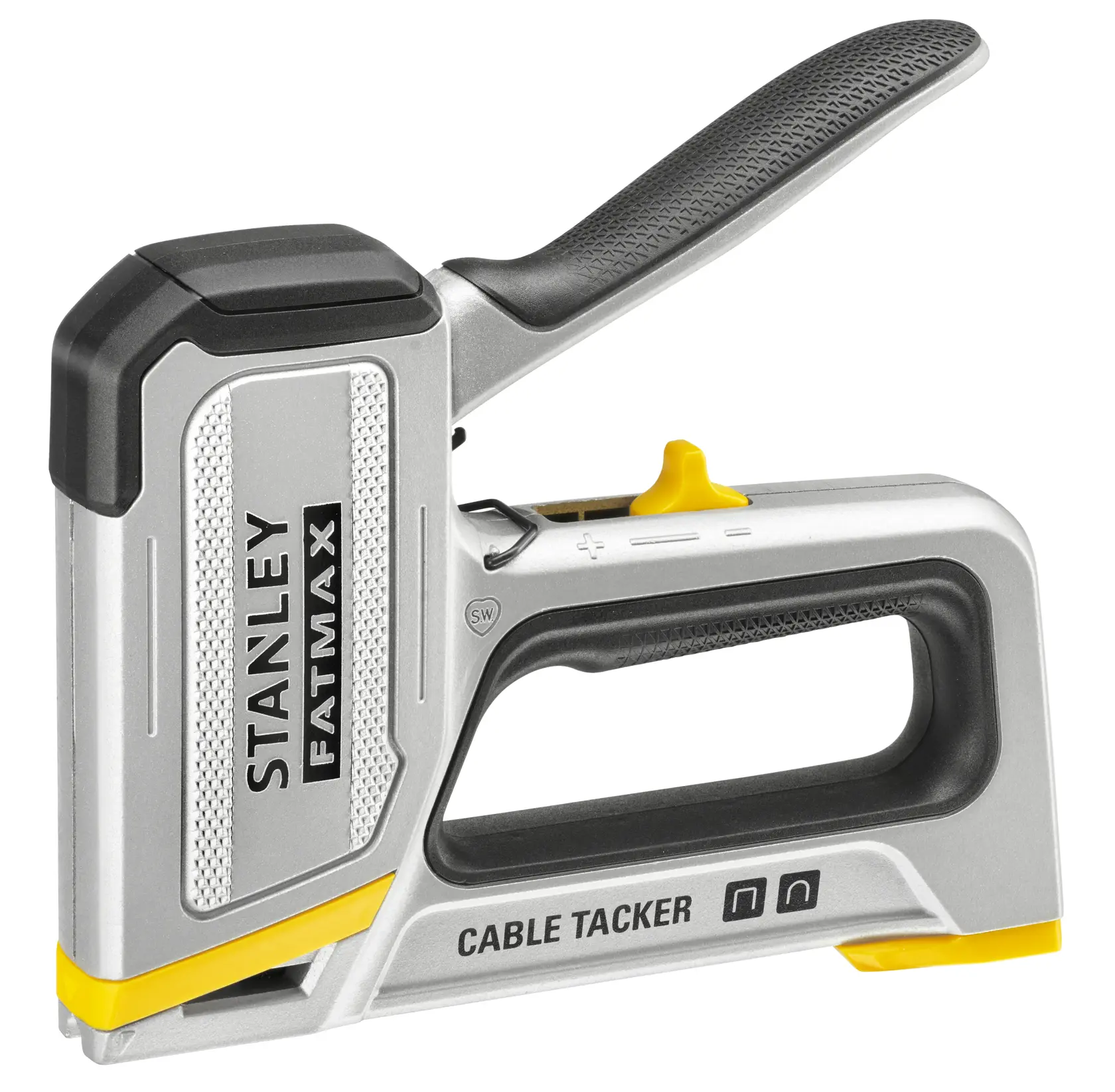 STANLEY FMHT70100-0 cable tacker, silver and black, angled side view on white background.