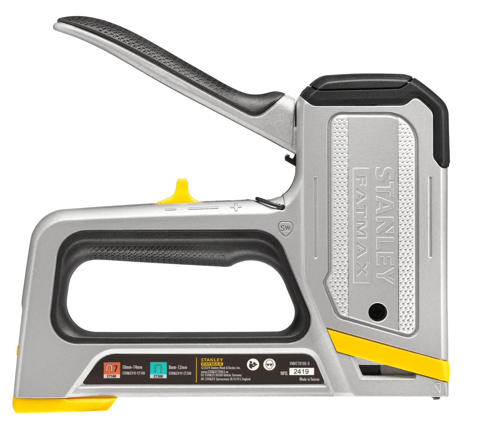 STANLEY FMHT70100-0 heavy-duty manual stapler side angle, silver and black with yellow accents.