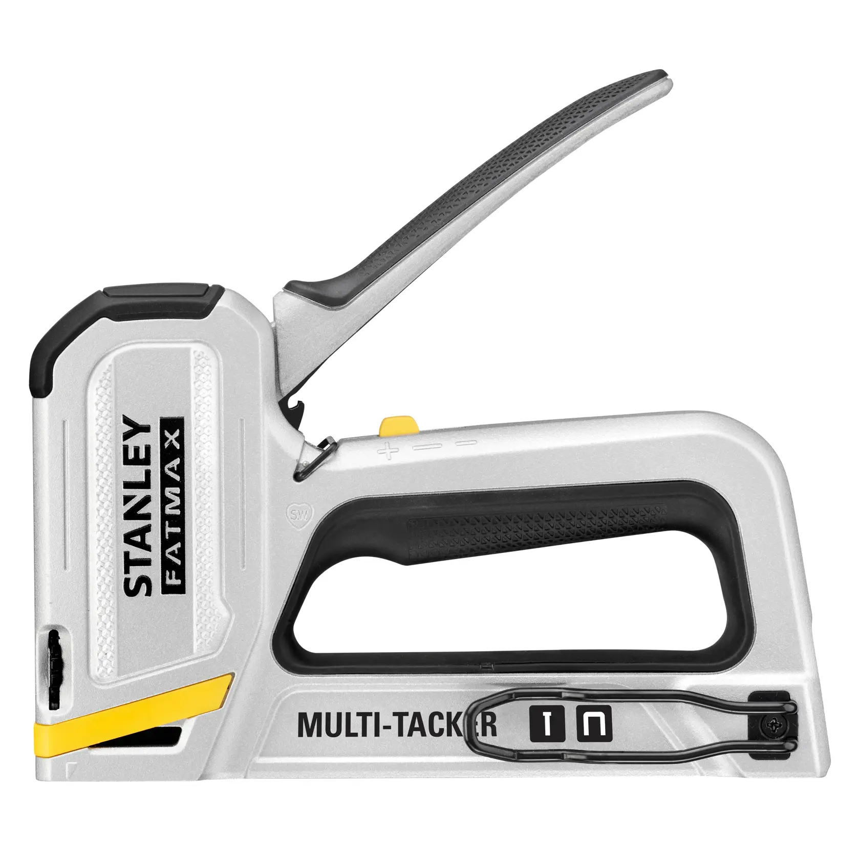 STANLEY FMHT70250-0 silver and black Multi-Tacker photography, left side view on white background.
