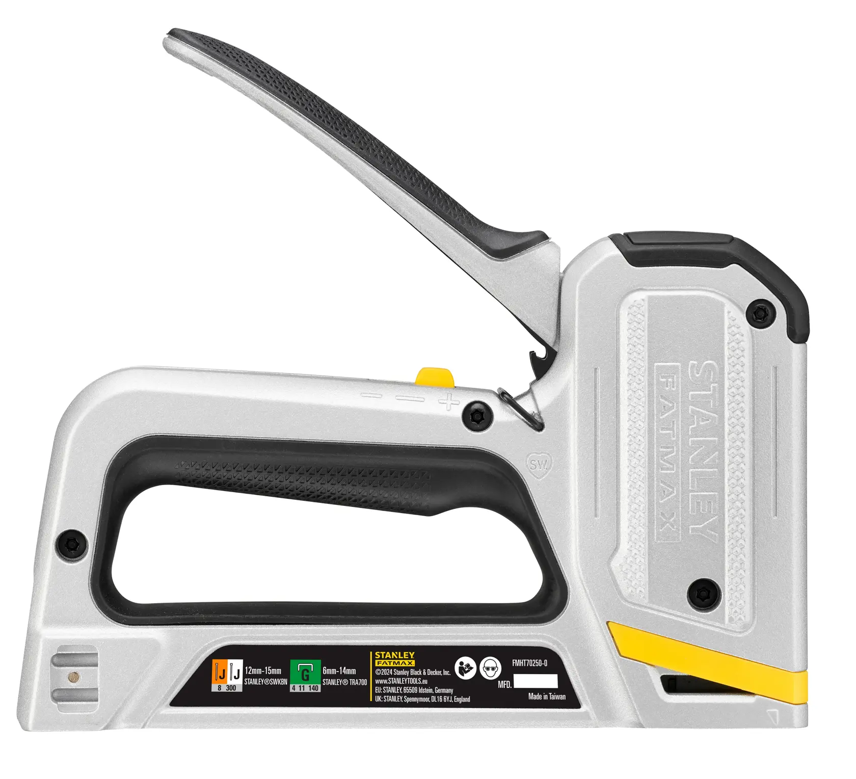 Photo of STANLEY FMHT70250-0 heavy-duty stapler in silver and black, side angle on white background.