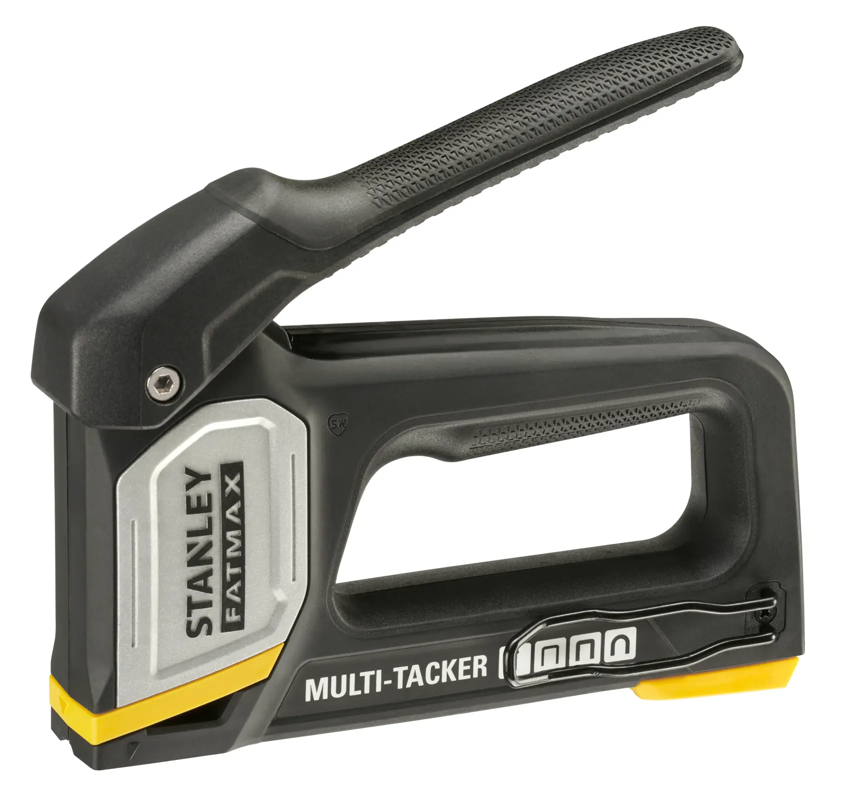 Photo of STANLEY FMHT70401-0 multi-tacker stapler, black and silver, side angle, ergonomic handle.
