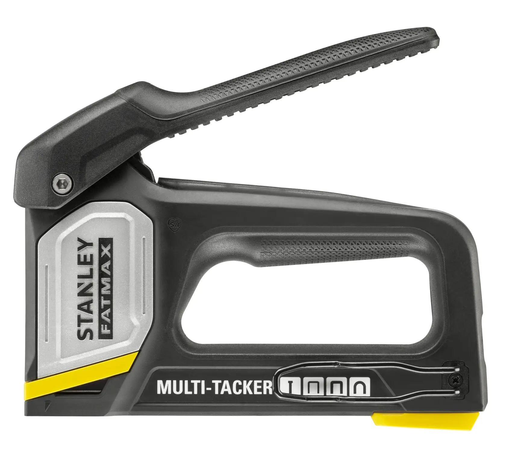 STANLEY FMHT70401-0 hand staple gun, black and silver, left side view, labeled FATMAX and MULTI-TACKER.