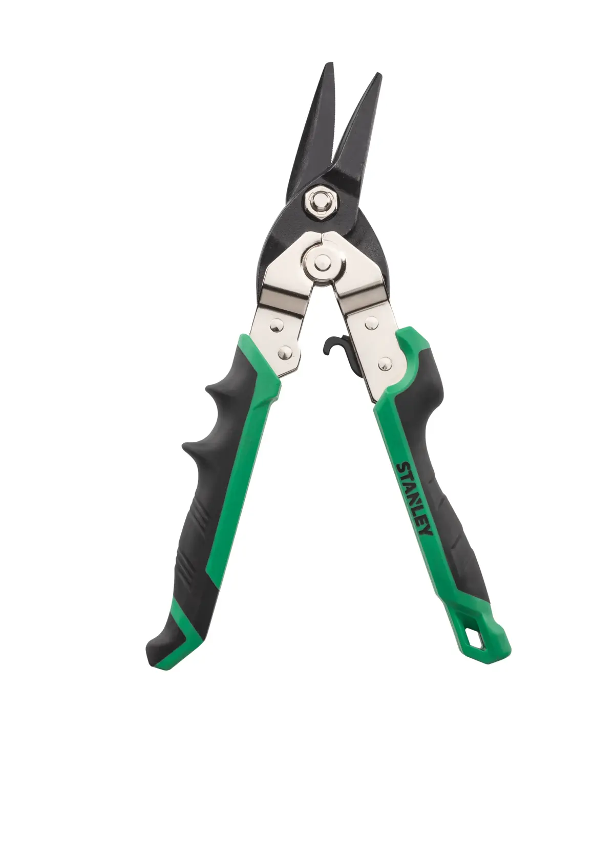 STANLEY FMHT73557-0 aviation snip with green handles held by gloved hand, close-up photo.