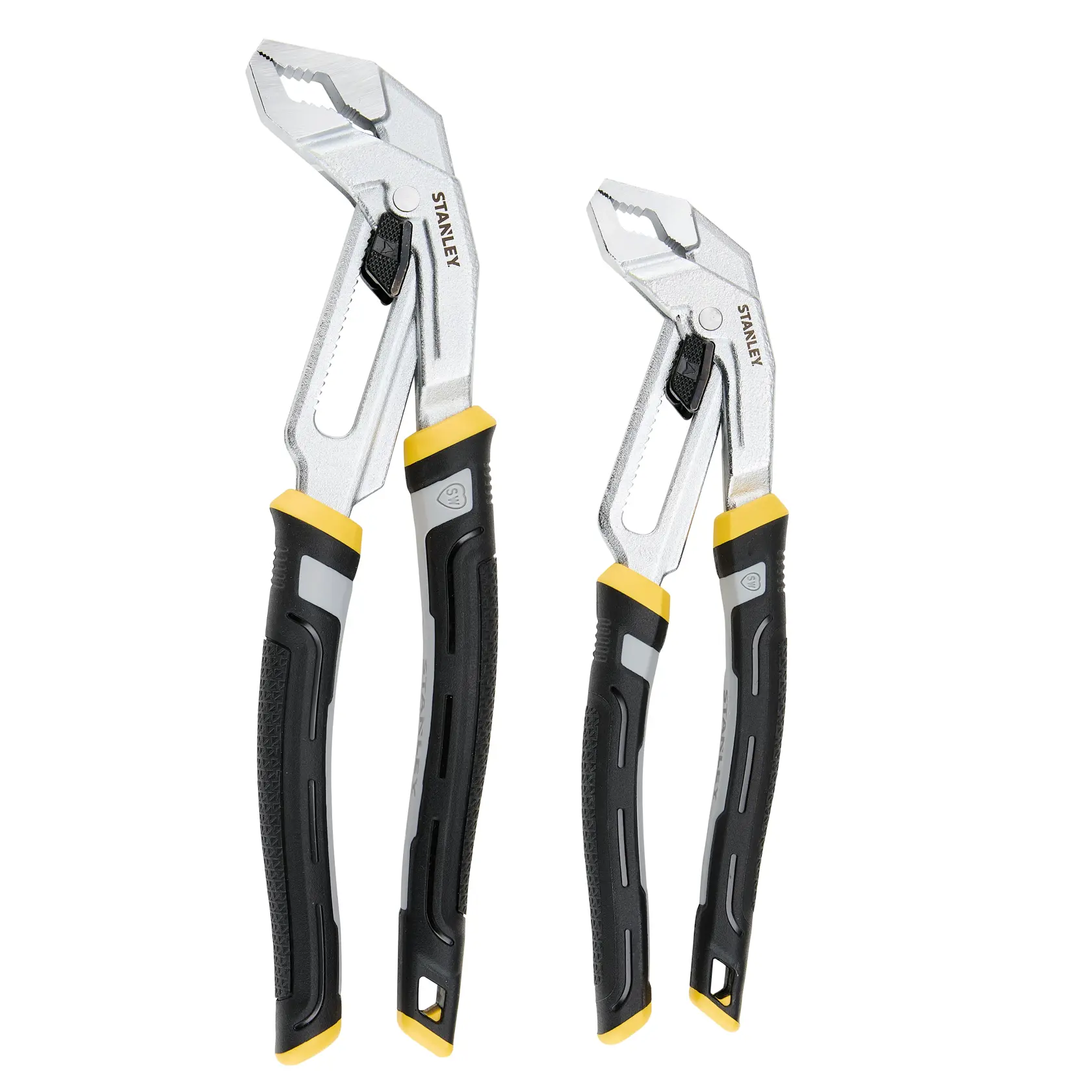 Photo of STANLEY FMHT75502-0 adjustable slip joint pliers set with black and yellow handles, front angle.