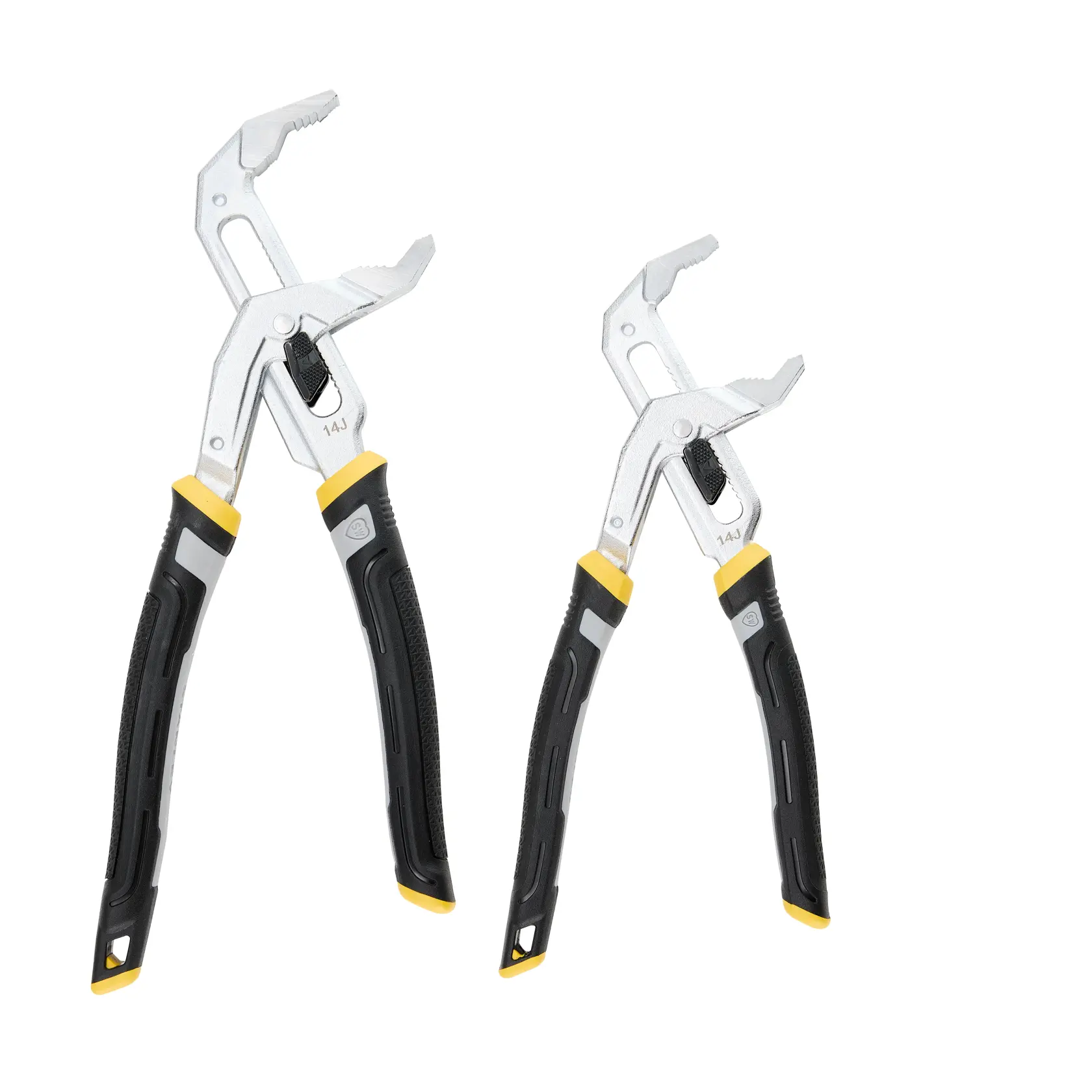STANLEY FMHT75502-0 groove joint pliers set, black and yellow handles, front angle on white background.