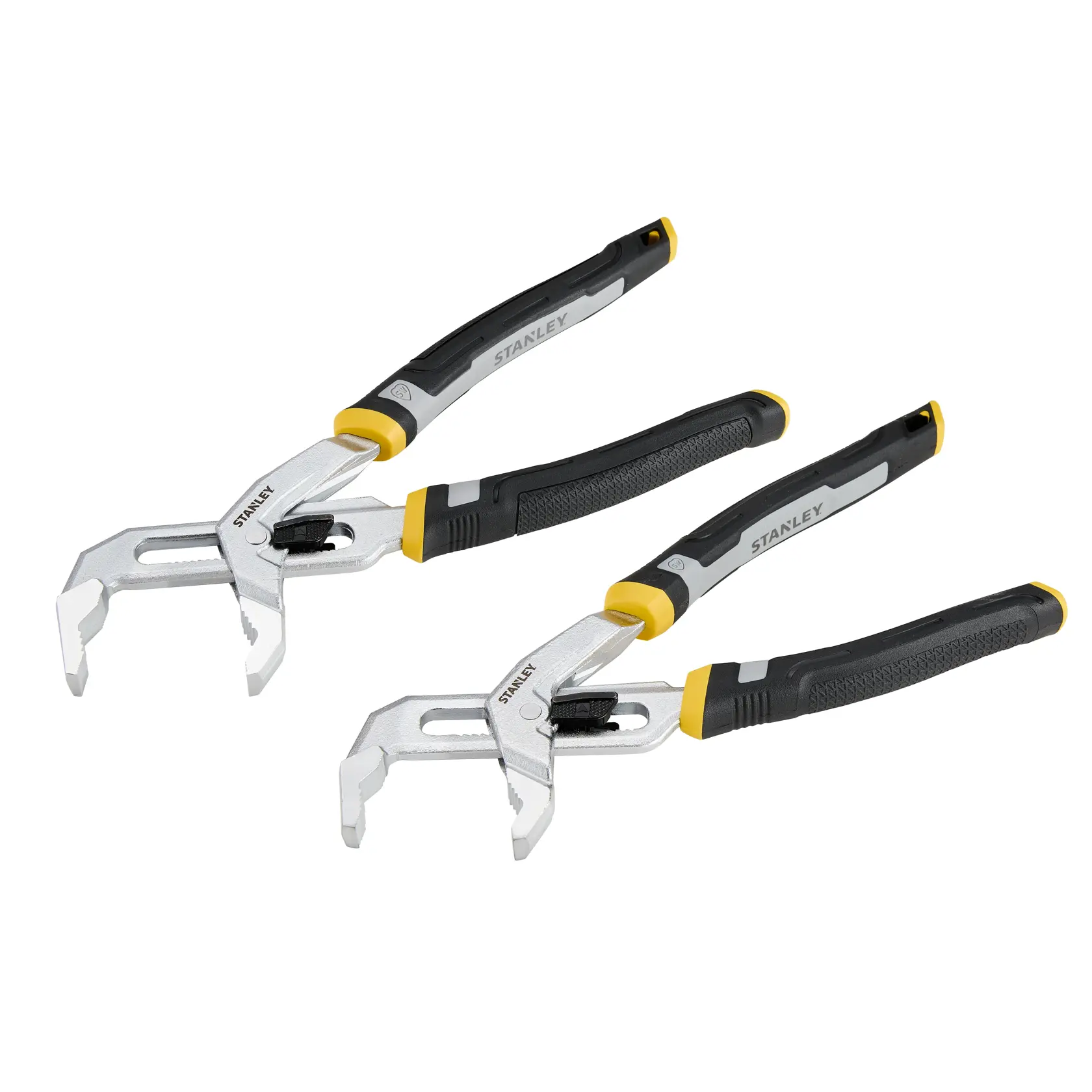 STANLEY FMHT75502-0 adjustable pliers set, black and yellow handle, angled photo on white background.