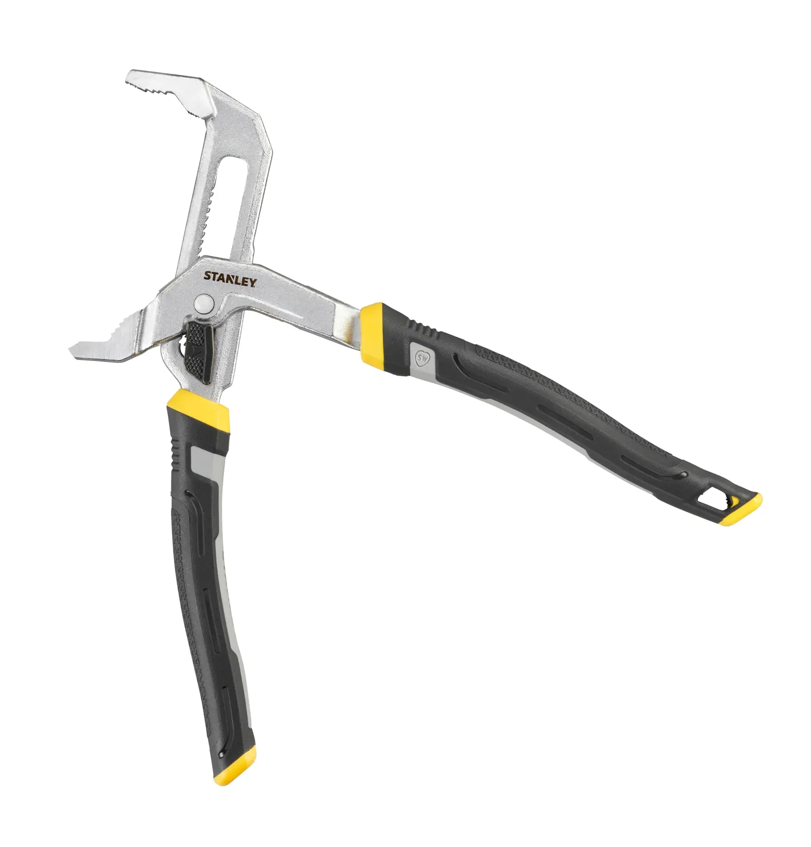 Photo of STANLEY FMHT75508-0 adjustable groove joint pliers with black and yellow ergonomic handles, front angle.