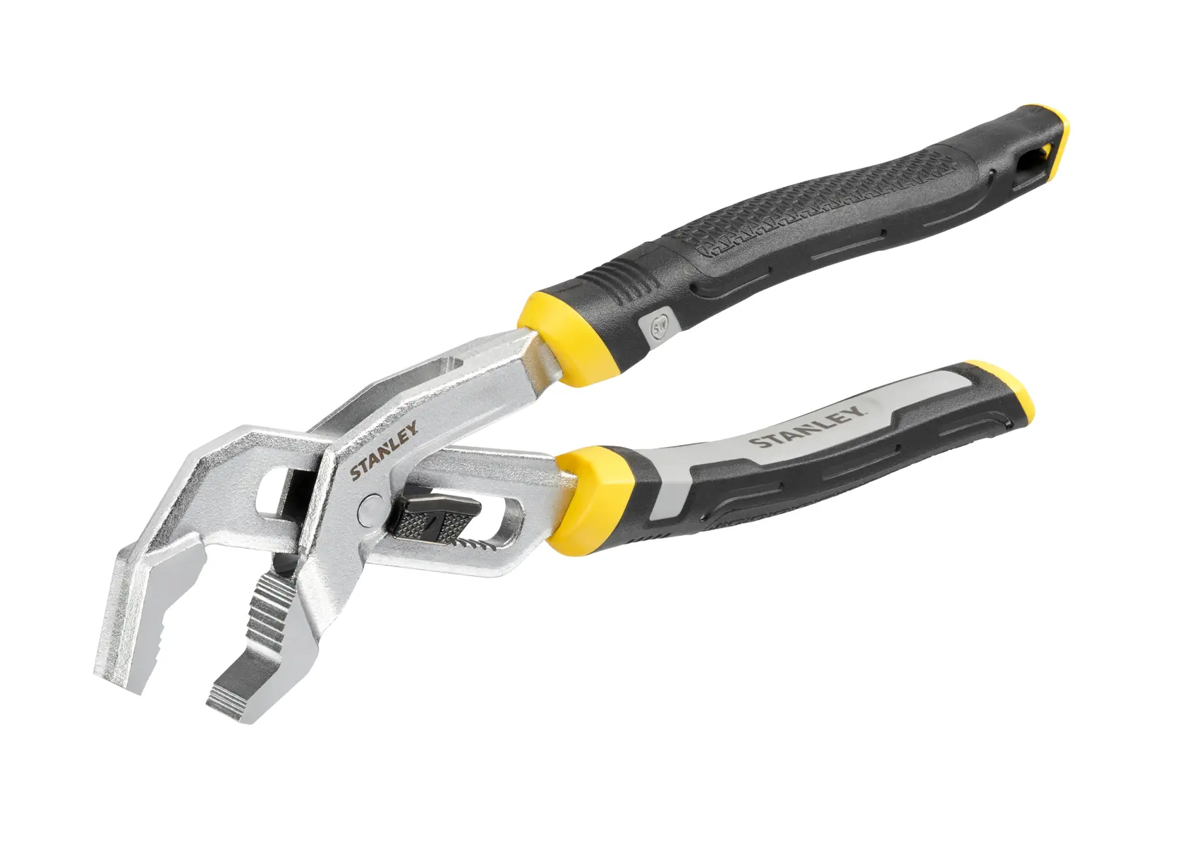 STANLEY FMHT75508-0 slip joint pliers with black and yellow grips, angled view on white background.