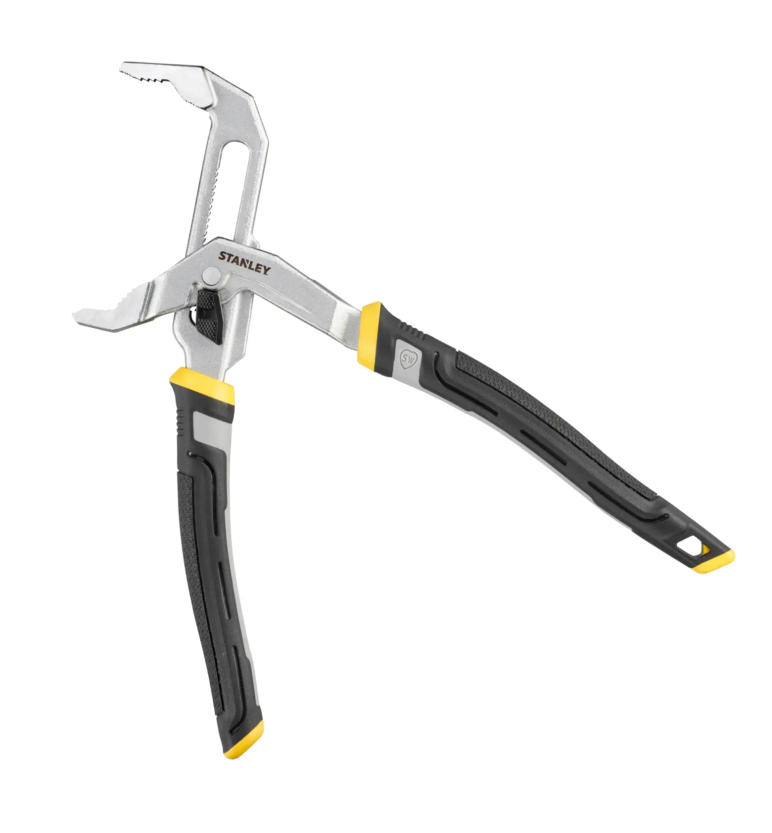 STANLEY FMHT75510-0 water pump pliers with black and yellow handles, side angle on white background.