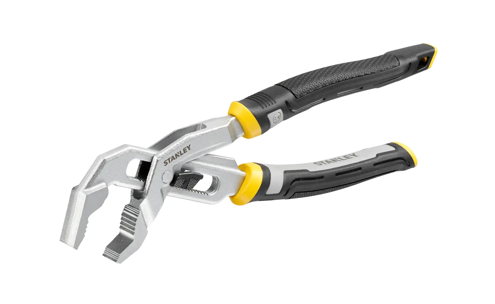 STANLEY FMHT75510-0 adjustable pliers with black and yellow grip, product photo, angled on white background.