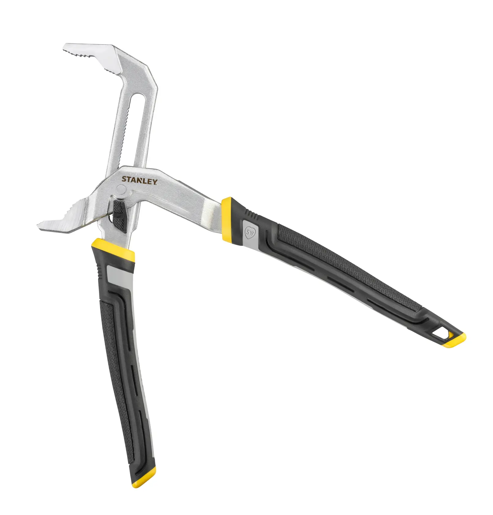 STANLEY FMHT75512-0 adjustable groove joint pliers with black and yellow handles, side angle on white background.