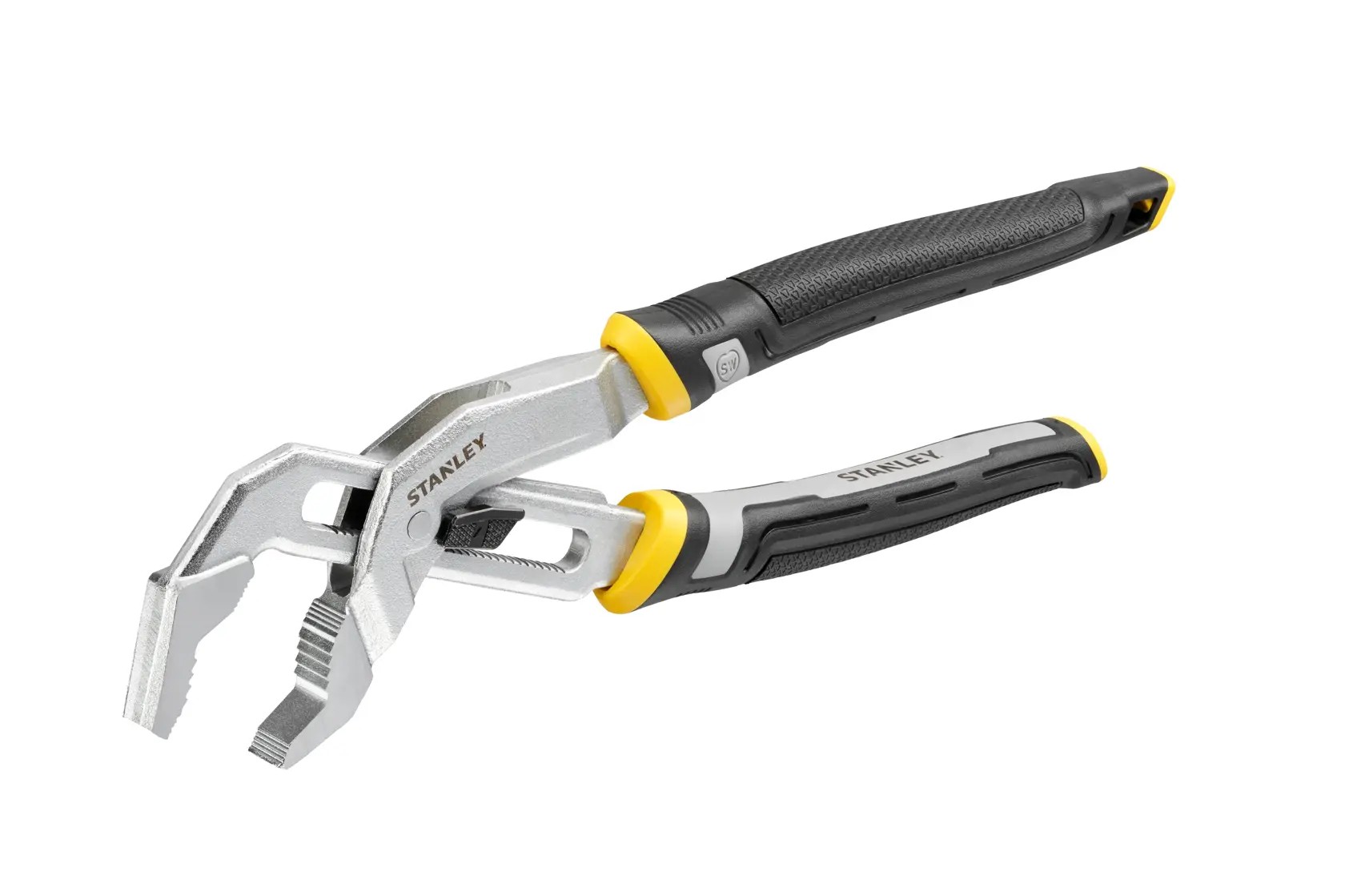 STANLEY FMHT75512-0 adjustable groove joint pliers with black and yellow handles, side angle on white background.