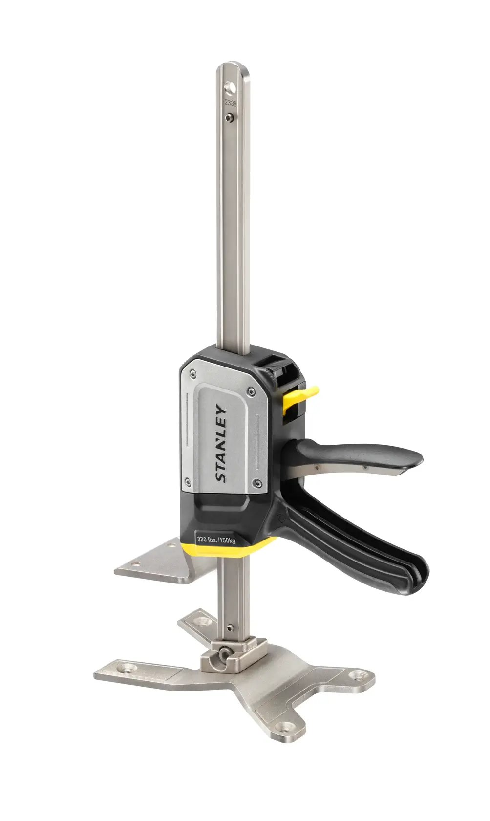 STANLEY FMHT83550-1 Fotografie von robuster Schraubzwinge mit Metallrahmen, schwarz-gelben Akzenten, Frontansicht auf weißem Hintergrund.