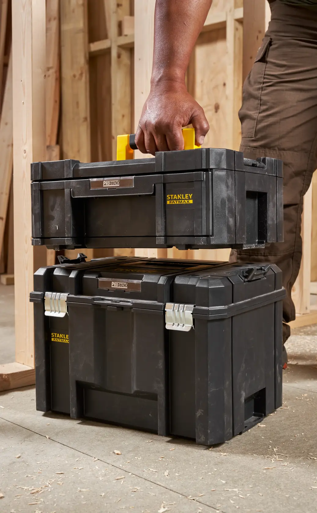 STANLEY FMST1-71968 black stackable toolbox set with yellow handle, photographed being carried on a construction site.