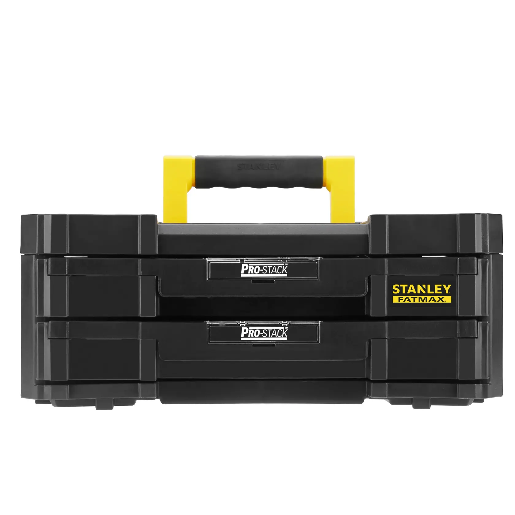 STANLEY FMST1-71969 black Pro-Stack tool box with two drawers, yellow handle, front angle.