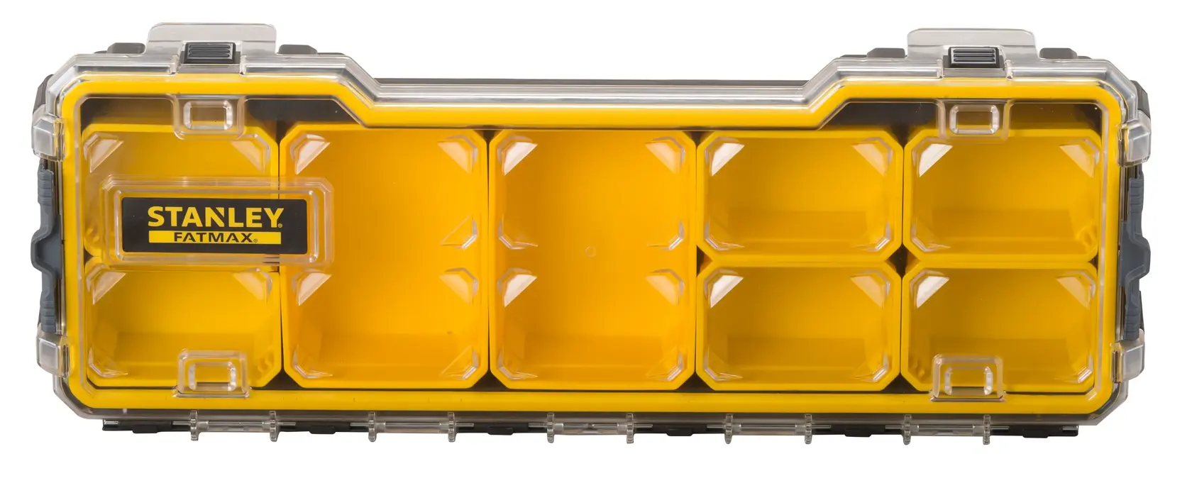 Stanley FatMax yellow plastic organizer box with clear lid and multiple compartments.