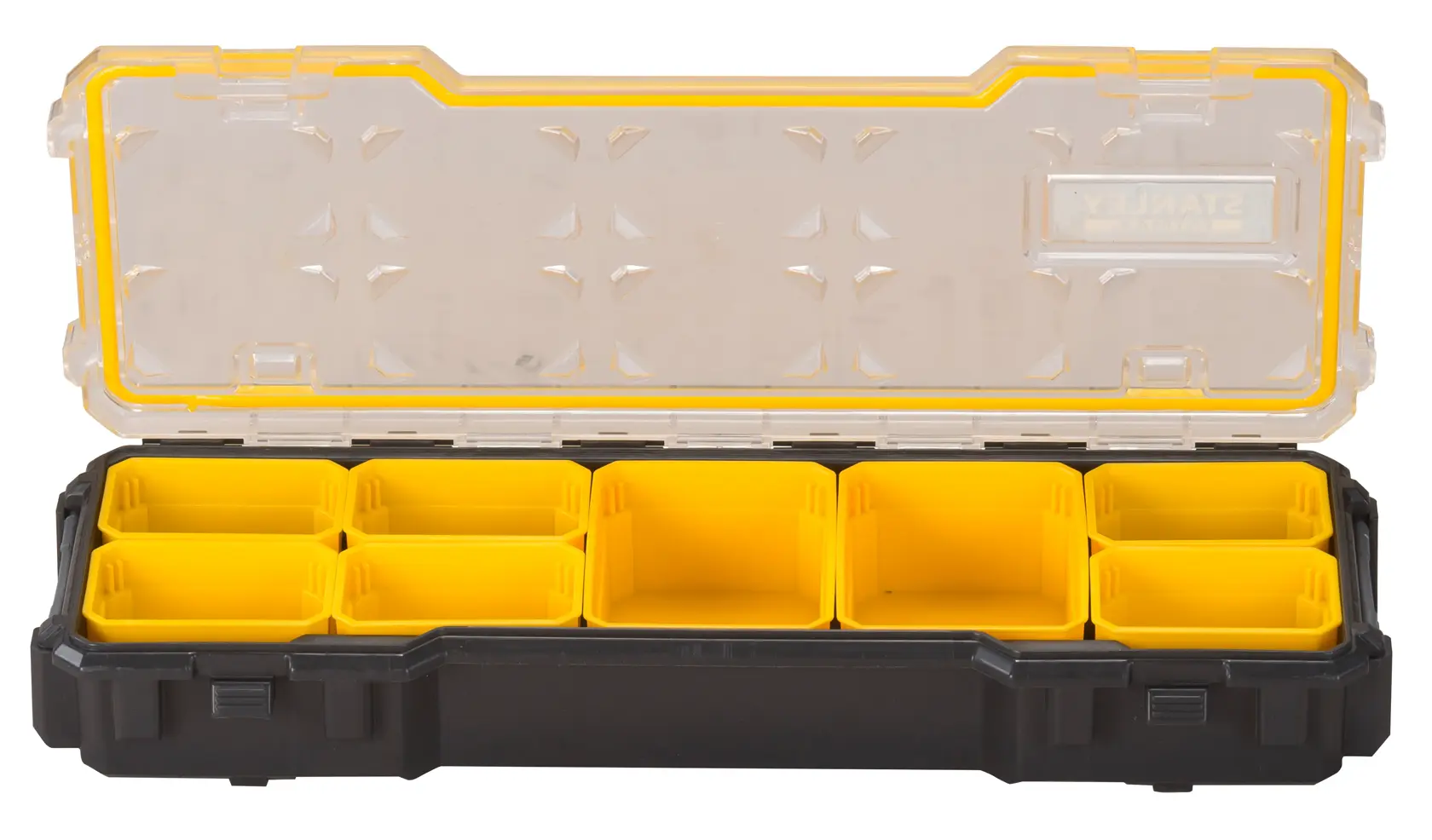 Stanley organizer box with yellow compartments and a clear lid, used for storing small tools or accessories.