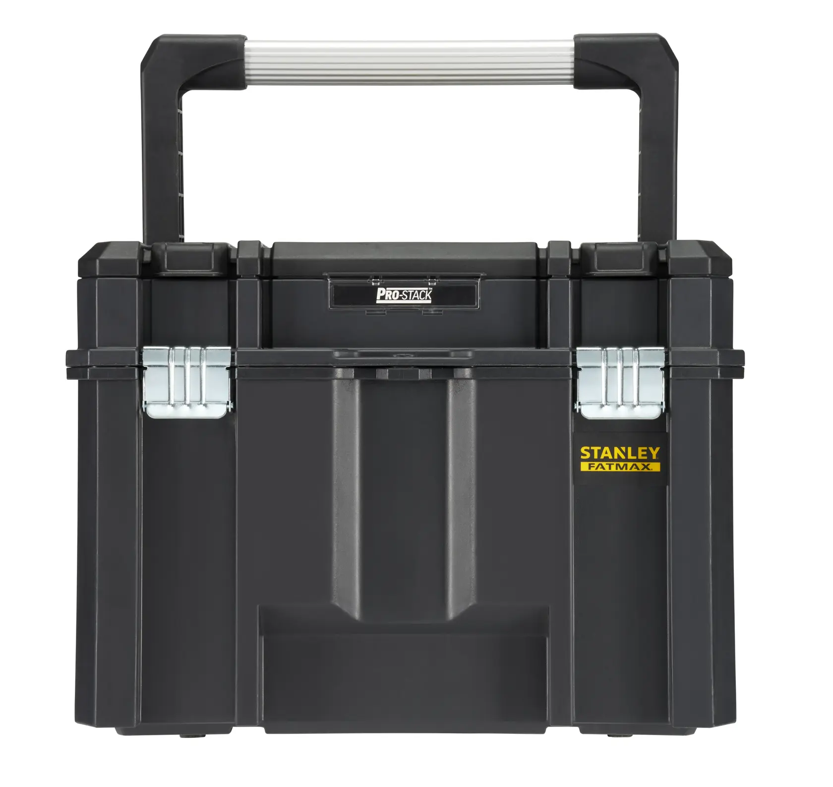 STANLEY FMST1-75796 black tool box with metal latches and large handle, front angle, white background.