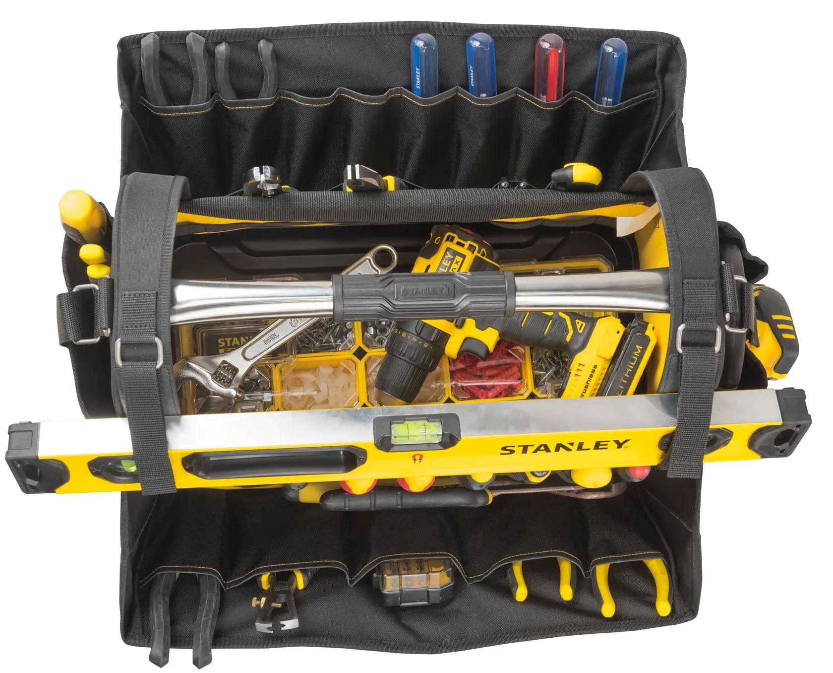STANLEY FMST1-80146 open tool bag filled with hand tools, screwdriver set, spirit level, and power drill, top view.