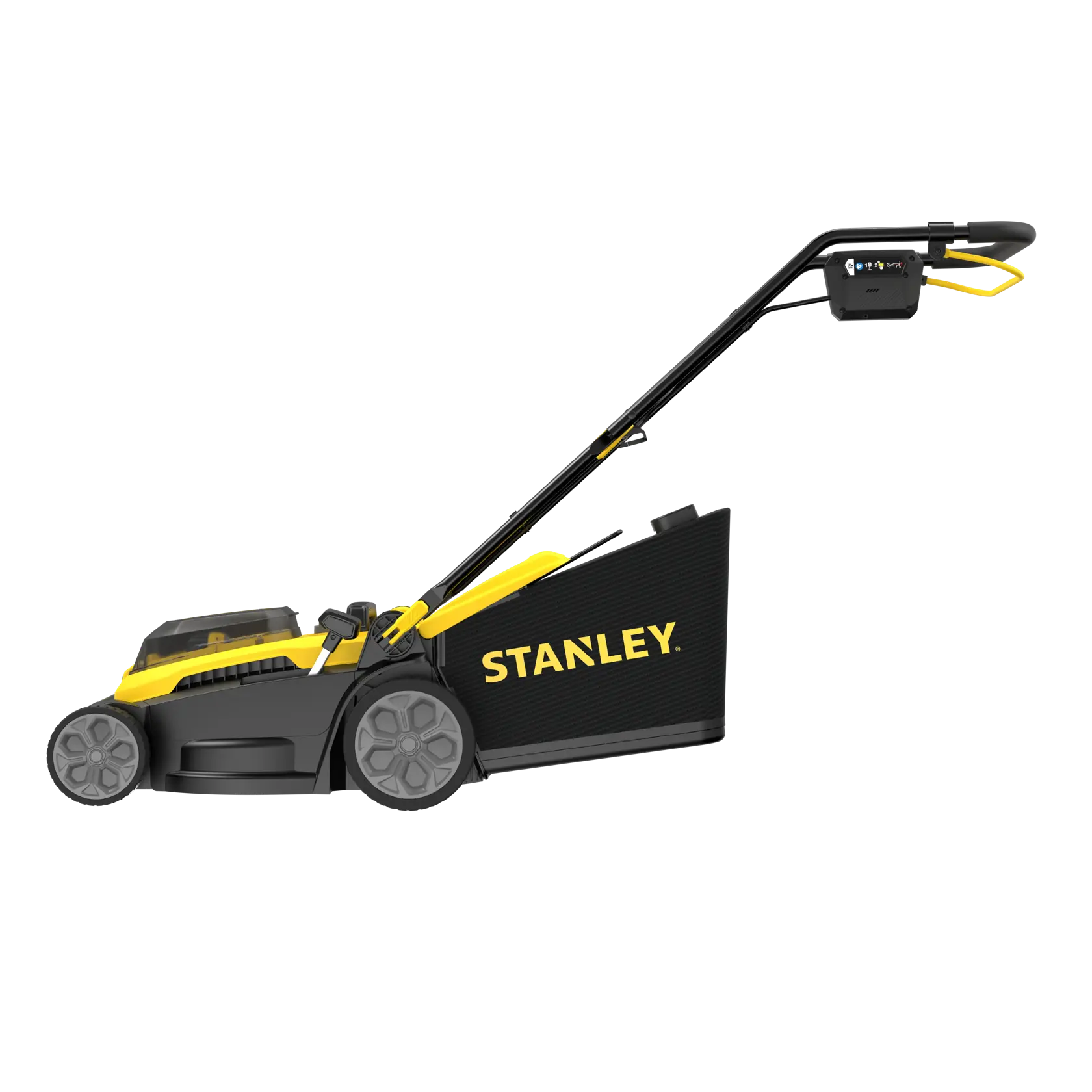 STANLEY SCMWP3401M1-XE Rasenmäher, schwarz und gelb, Seitenansicht auf weißem Hintergrund.