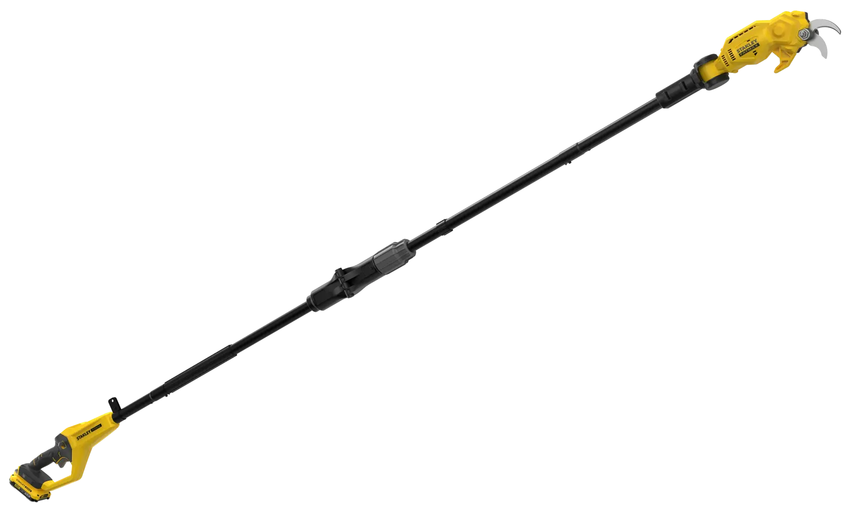 STANLEY SFMCPP632D1 long yellow and black cordless pole pruner, side view on white background.