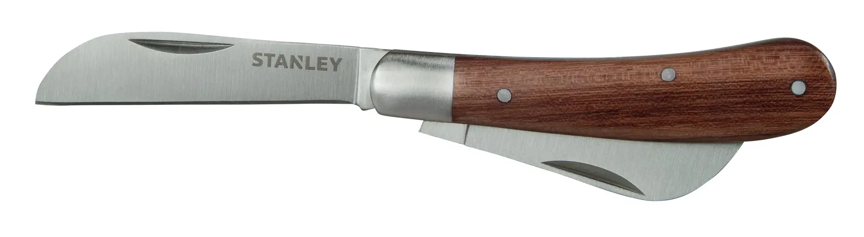 Stanley folding pocket knife with stainless steel blade and wooden handle.
