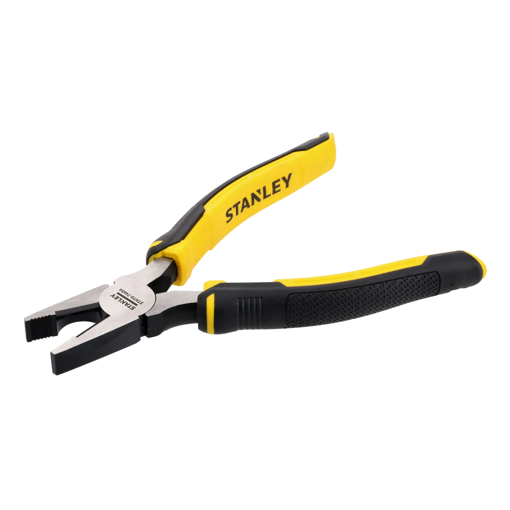 Stanley pliers with yellow and black handles and steel jaws on a white background.