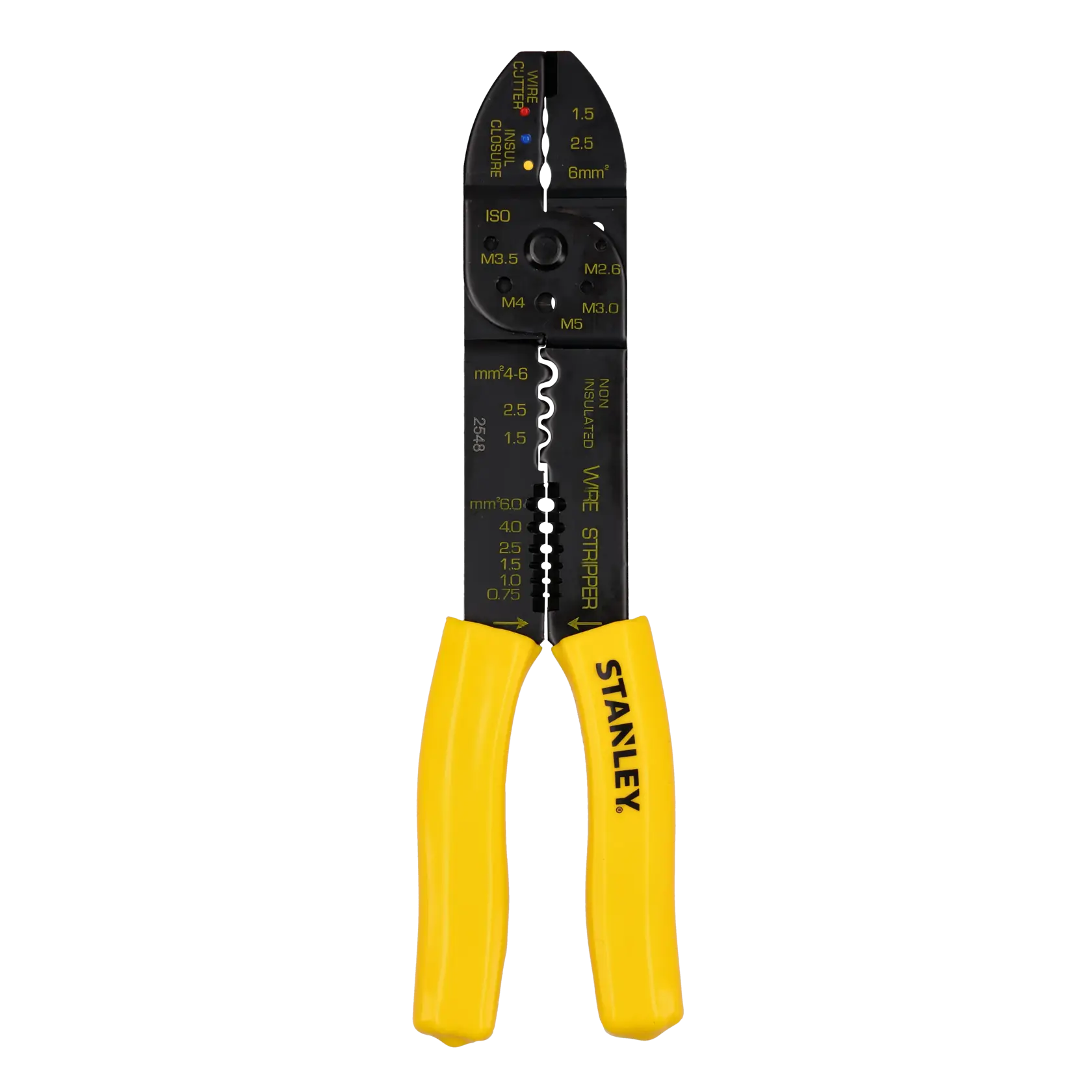 STANLEY STHT0-75414 wire stripper and cutter with yellow handles, angled view on white background.