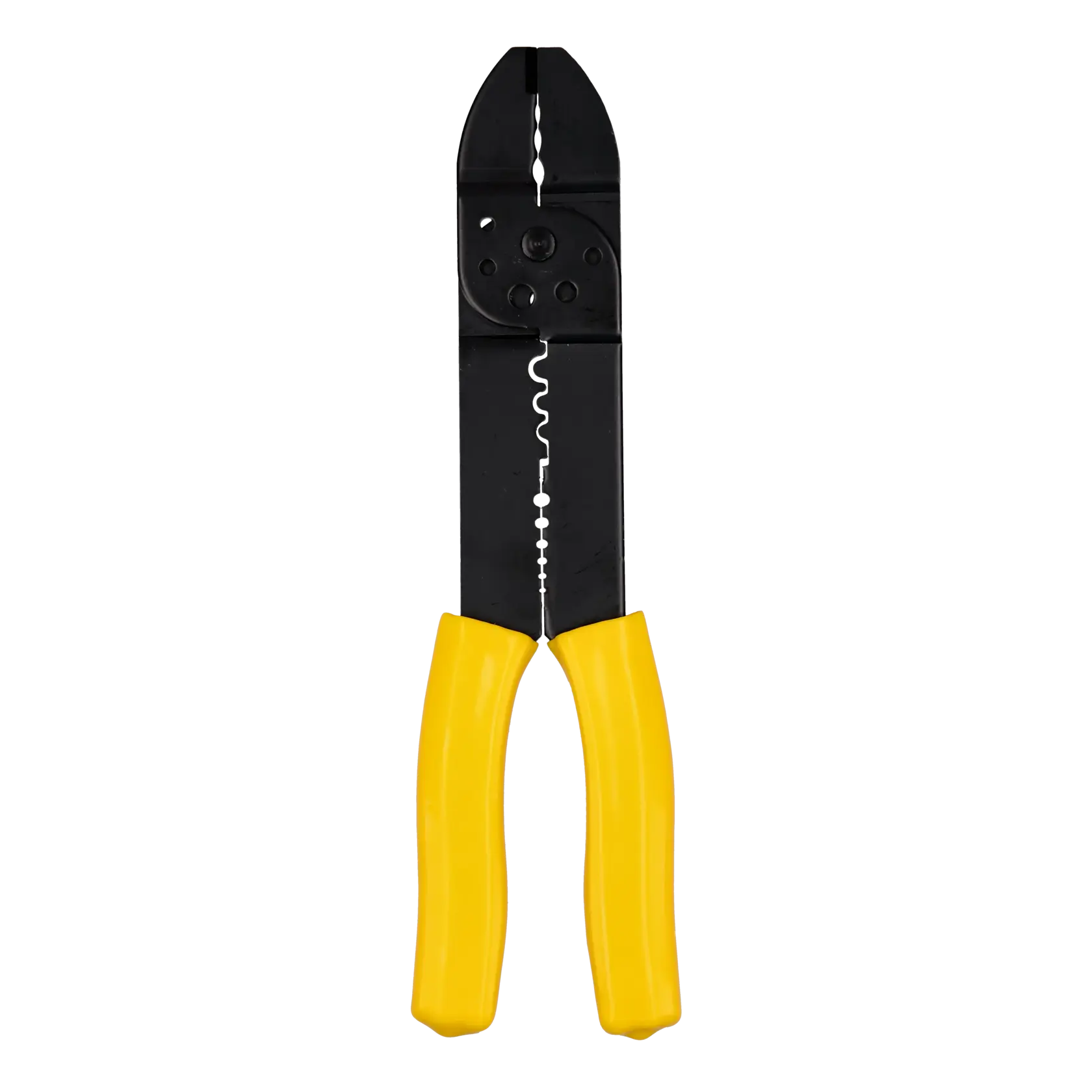 Wire stripper with black metal jaws and yellow handles, tool used for cutting and stripping electrical wires.