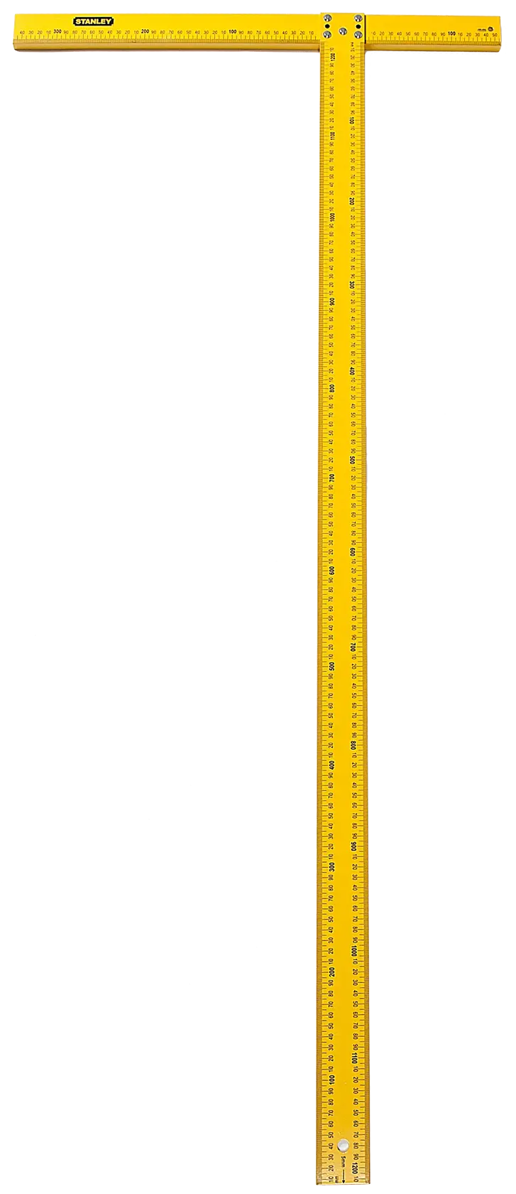 Gelbes Stanley-T-Lineal mit Maßskala zum Messen und Zeichnen gerader Linien auf Oberflächen.