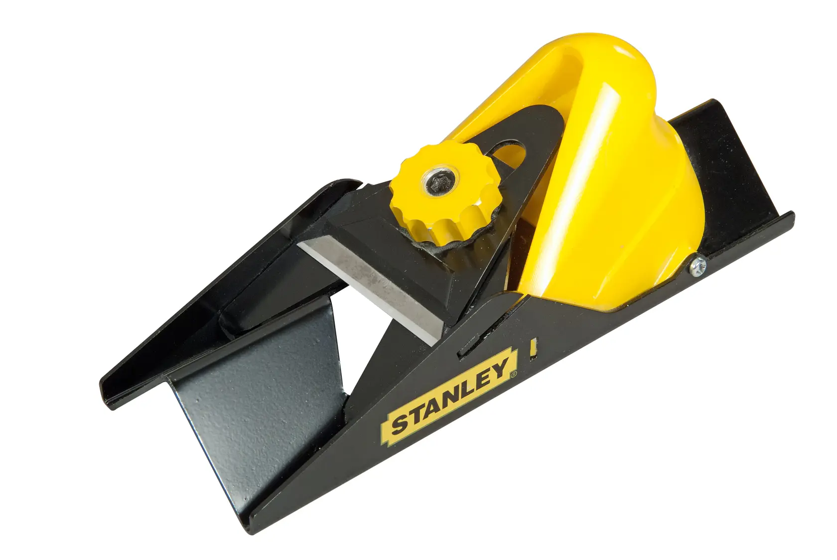 Stanley Hobel mit gelbem Knauf und schwarzem Metallgehäuse für Holzarbeiten.