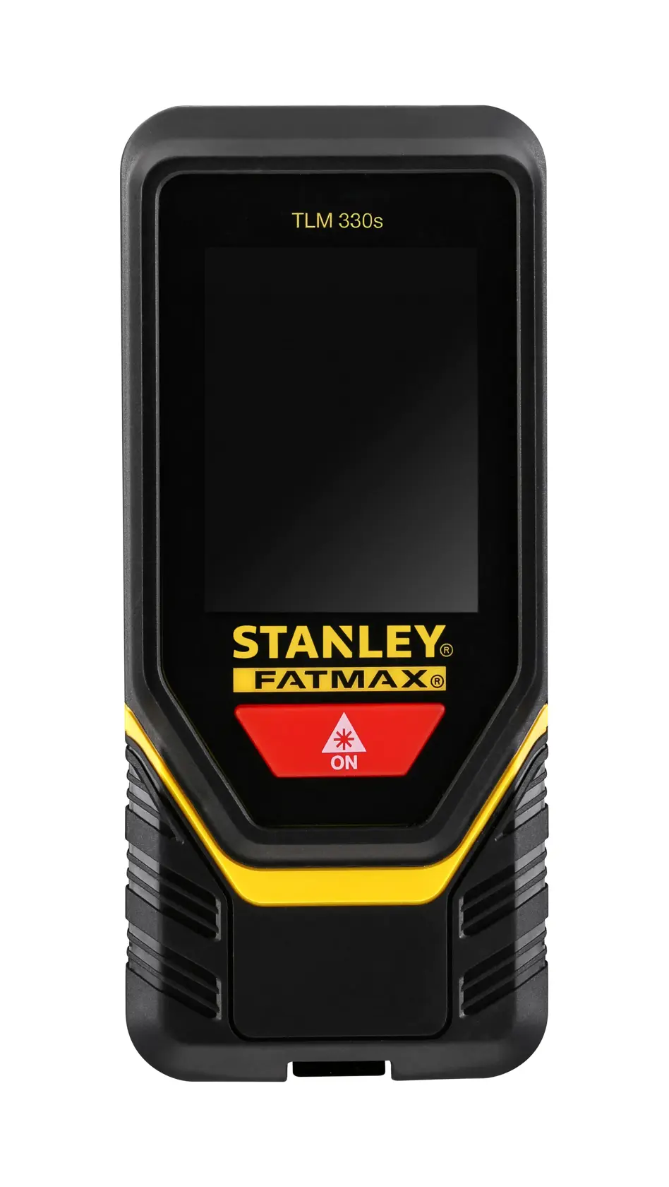 Photo of STANLEY STHT1-77140 laser distance measurer, black and yellow, front view, FATMAX series.