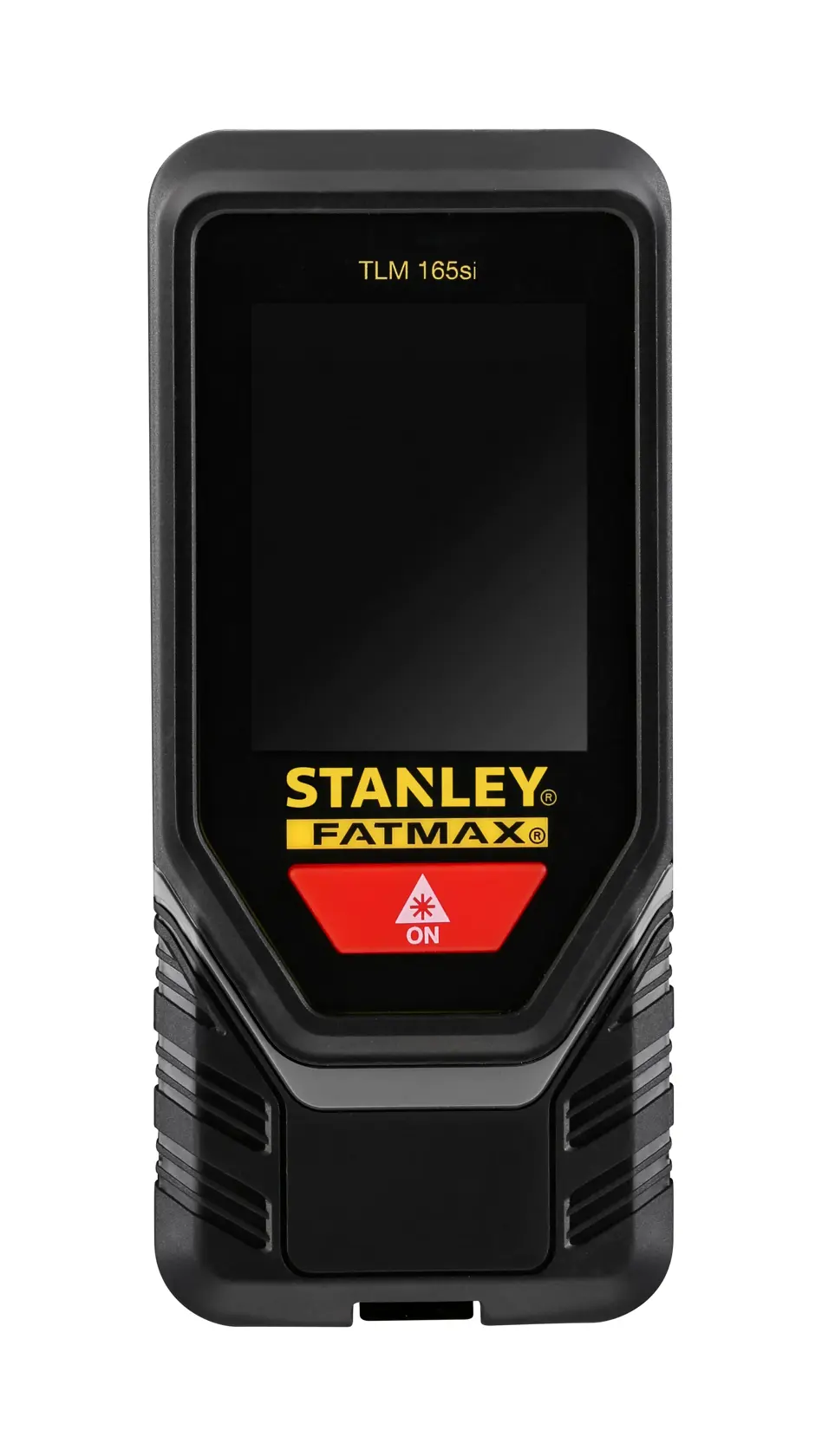 STANLEY STHT1-77142 laser distance measurer, black and yellow, front angle on white background.